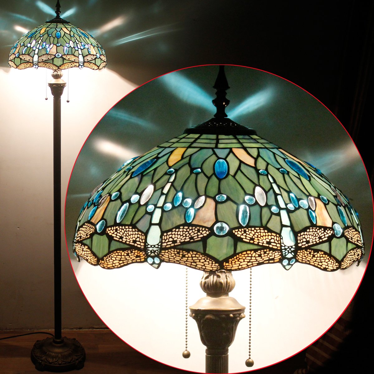 WERFACTORY Tiffany Floor Lamp - Sea Blue Stained Glass, 16x16x64 Inches, Antique Pole Design for Bedroom & Living Room, S147 Series