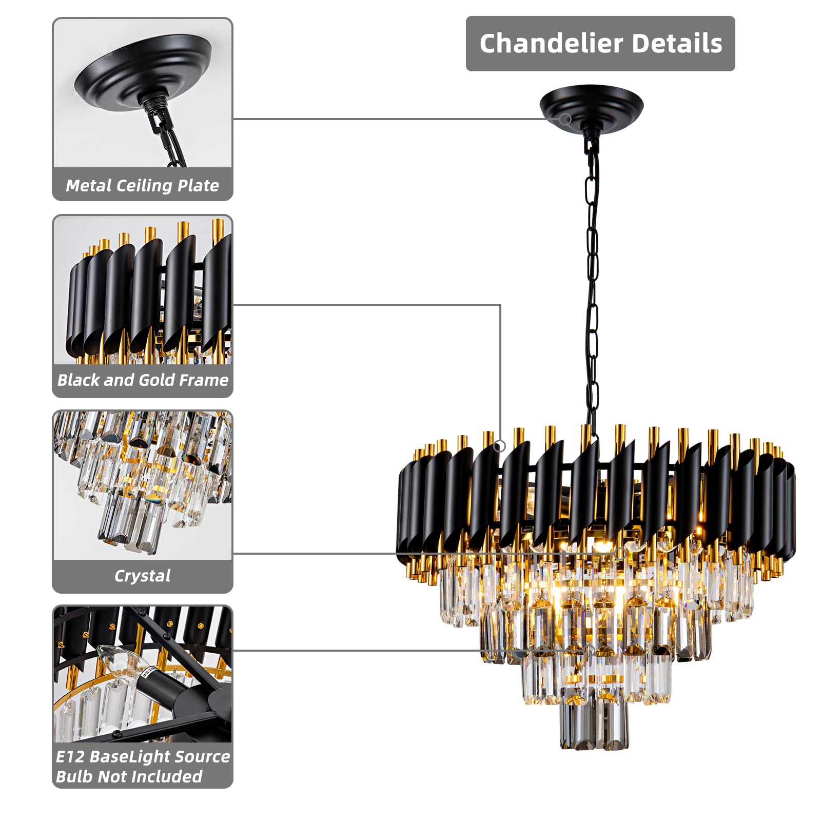 Aixialin 7-Light Modern Crystal Chandelier, 20" Round, Smoke Grey and Gold, Flush Mount, Ideal for Dining Room, Living Room, Kitchen