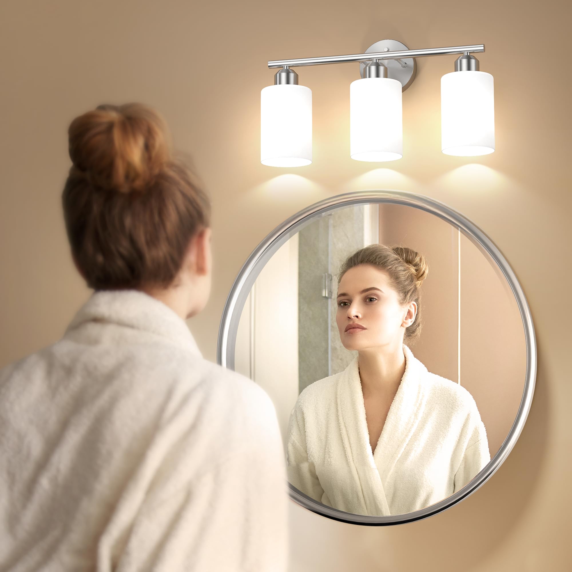 Espird Bathroom Vanity Light Fixture, 3 Lights, Brushed Nickel, Model L01-3-NL-W, Milky White Glass Shades