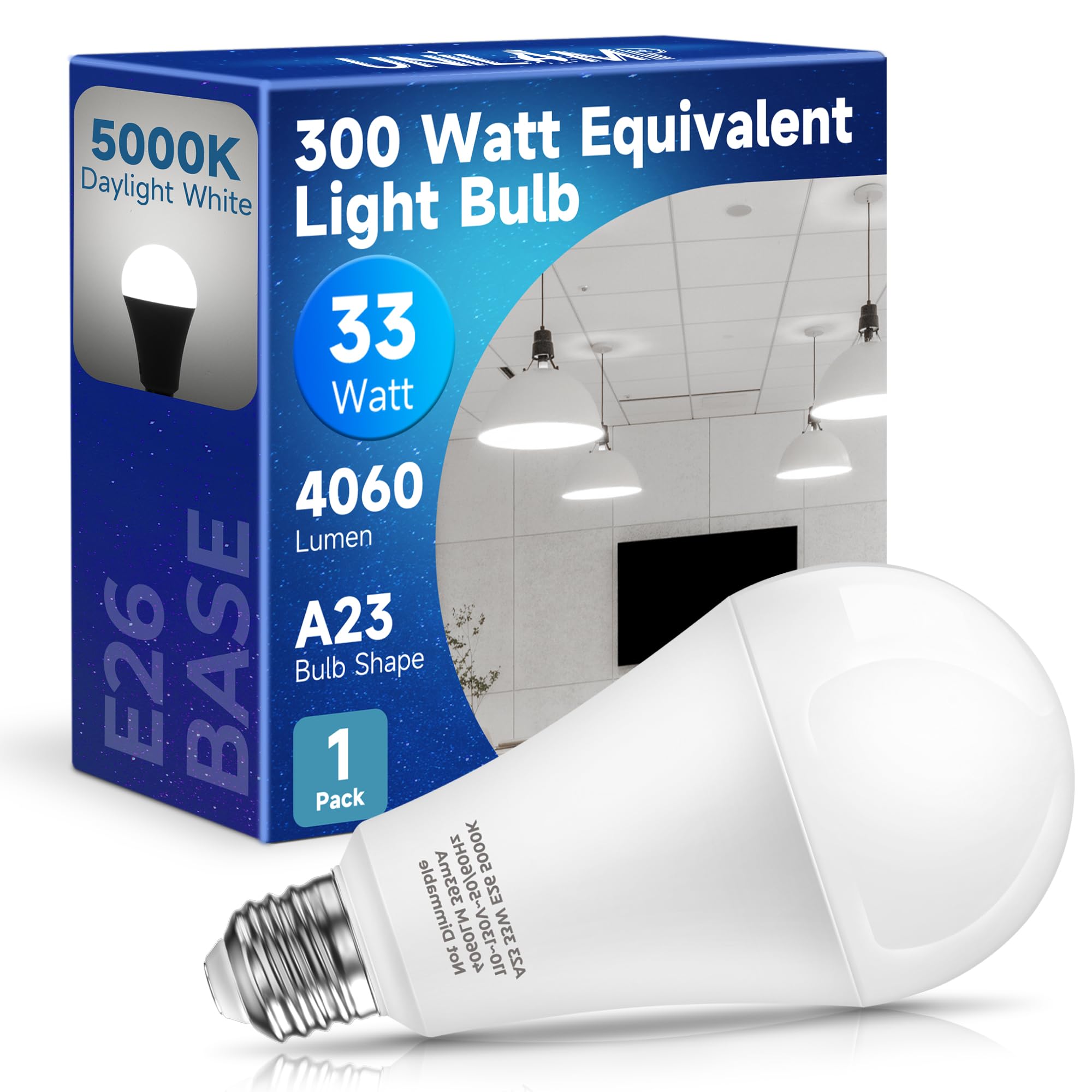 Unilamp 300W Equivalent Led Light Bulb E26, 33W Light Bulb Daylight 5000K, Super Bright 4060Lm, A23 E26 Led Edison Screw Bulb Fo