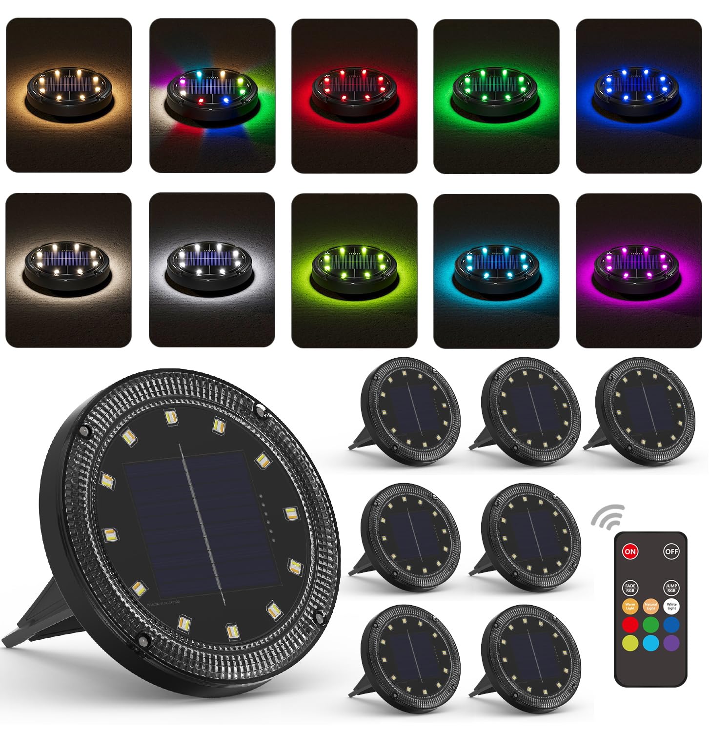 VIODAIM Color Changing Solar Ground Lights - Waterproof Flat Pathway Lights, 8 Pack, Black, Remote Control, Model SN00205