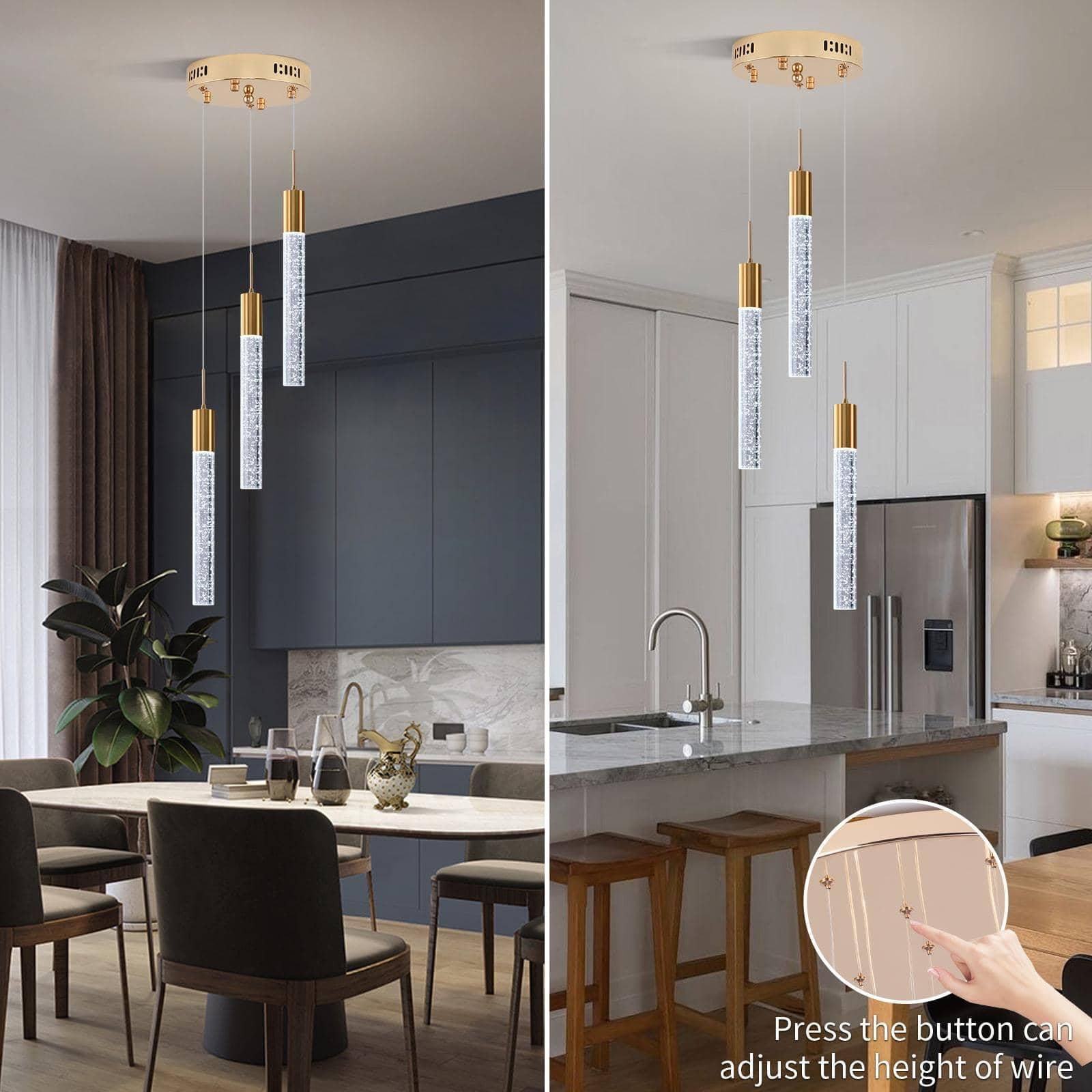 Upfelw Modern Crystal Chandelier 3-Lights  Spiral Led Raindrop Kitchen Island Pendant Lighting  Bubble Foyer Dinimg Room Hanging Light Fixture Remote Control Gold