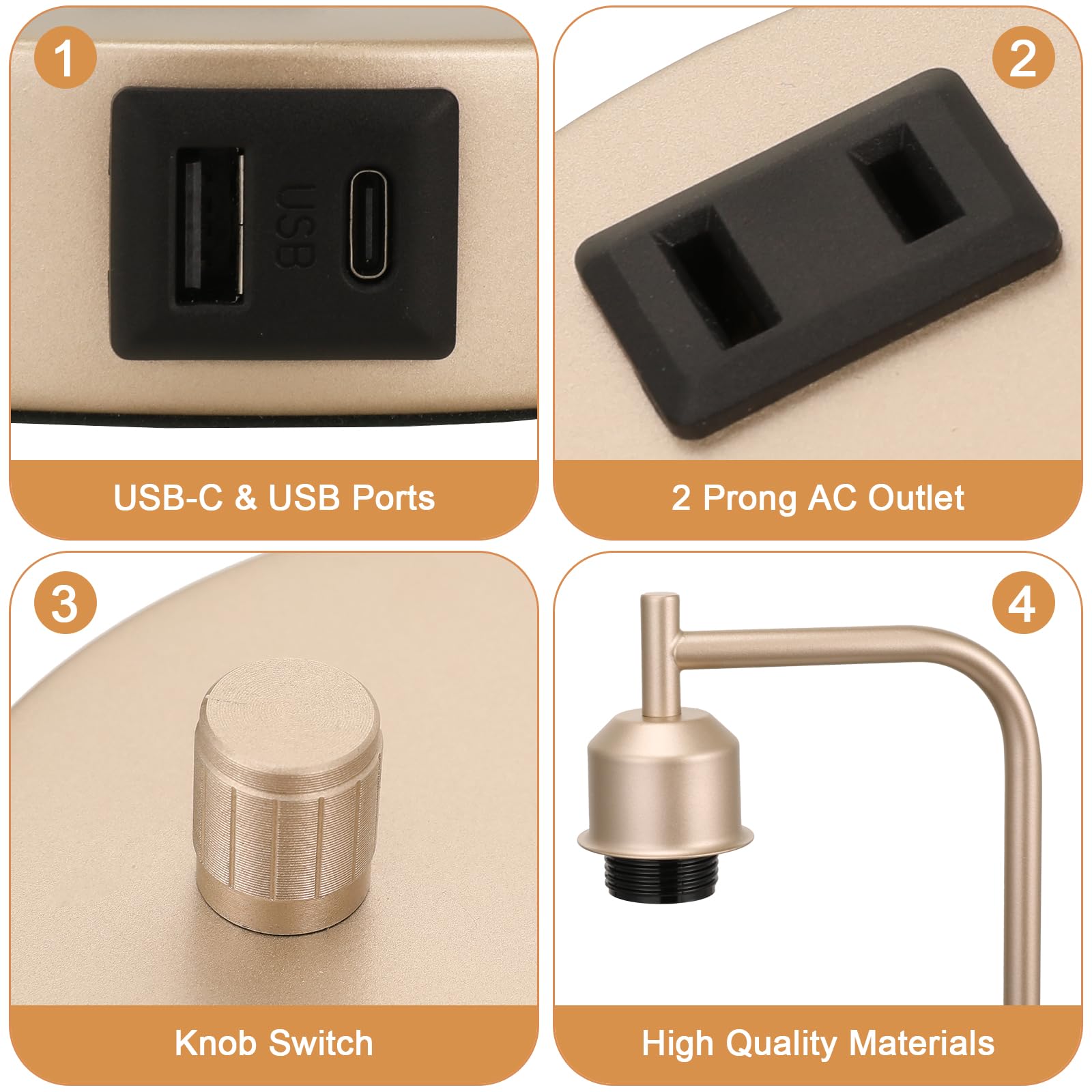 Innqoo Champagne Gold Industrial Bedside Table Lamp, USB C Charging, Fully Dimmable, 5.1 x 7.3 x 17.9 inches, Glass Shade