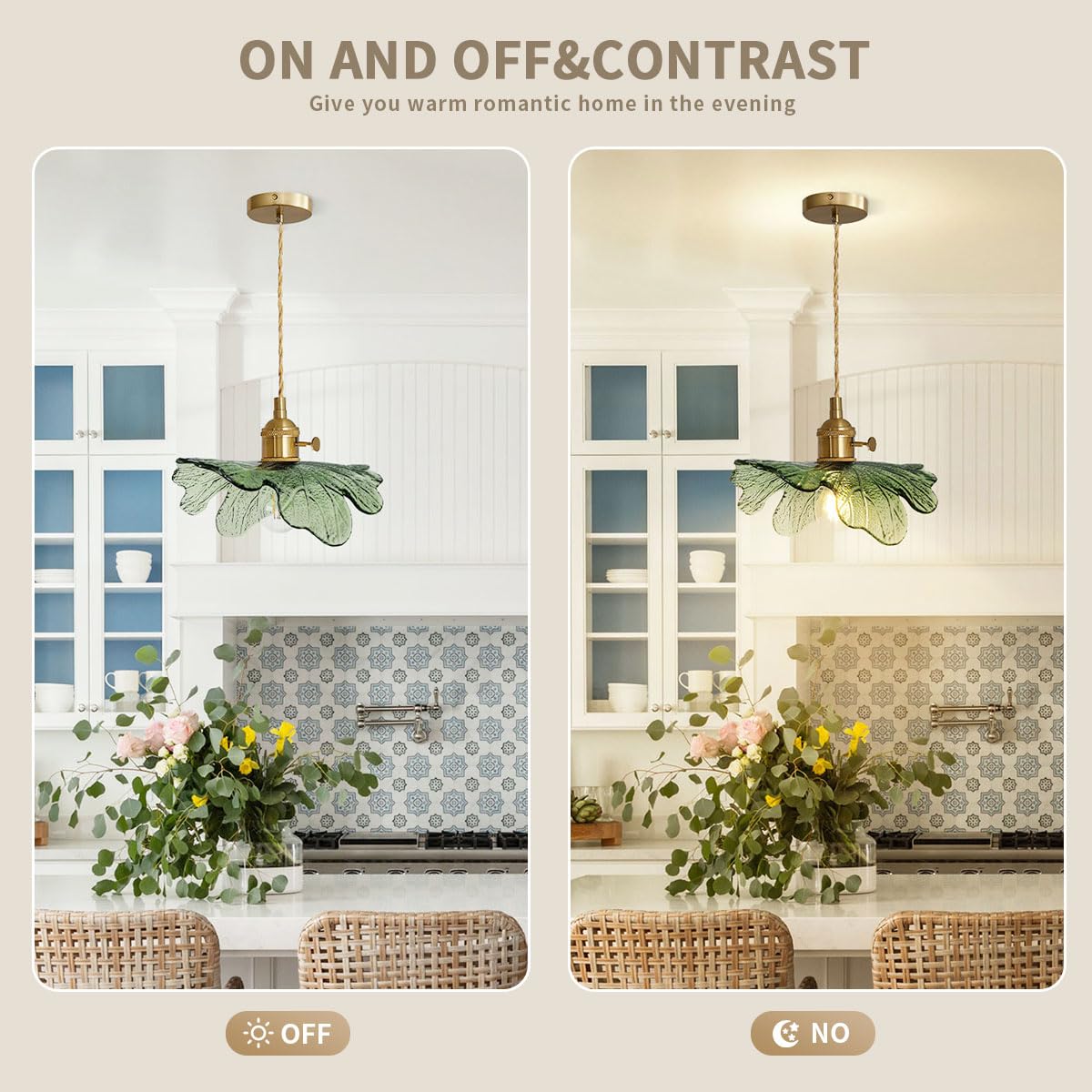 Auwieou Vintage Pendant Lights Green Glass Pendant Lighting Kitchen Island Hand Blown 1-Light Brass Pendant Light Farmhouse Hang