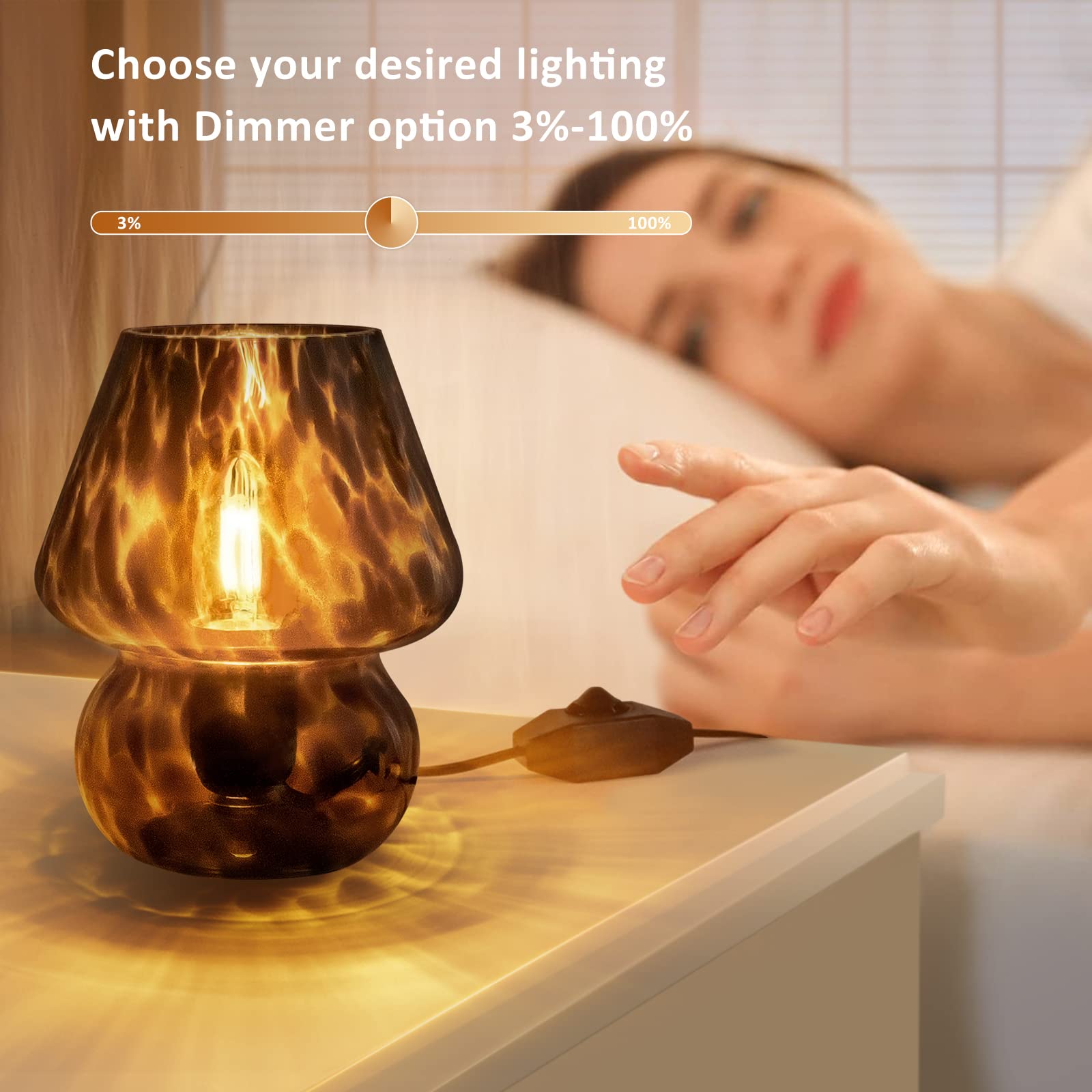 ONEWISH Mushroom Lamp - Small Vintage Translucent Glass Bedside Lamp, Dimmable, Black, Model 13TAB007USB, Aesthetic Home Decor