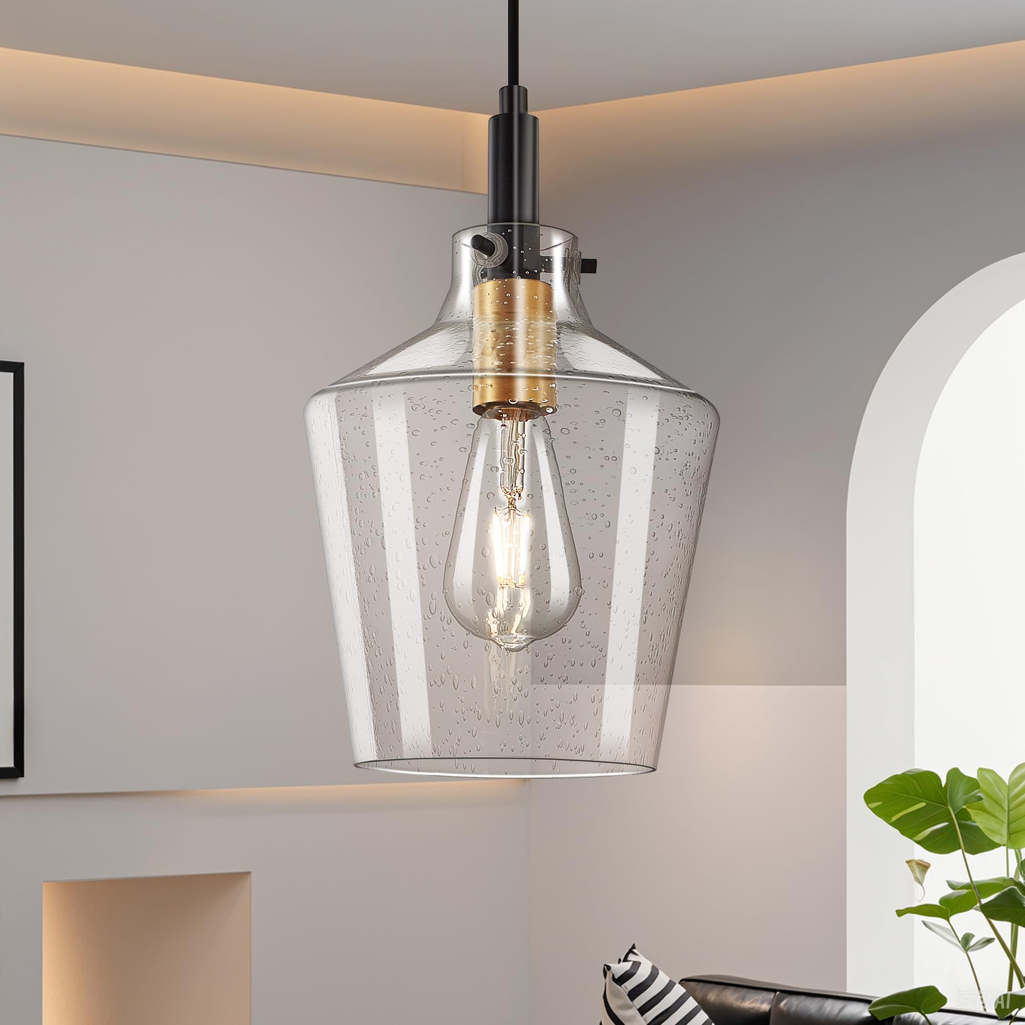 Vaziden Modern Seeded Glass Pendant Lighting For Kitchen Island 1 Pack  Farmhouse Black And Gold Pendant Light Fixtures  Height Adjustable Ceiling Pendant Light  Angled Seeded Glass Shades 8 Inch