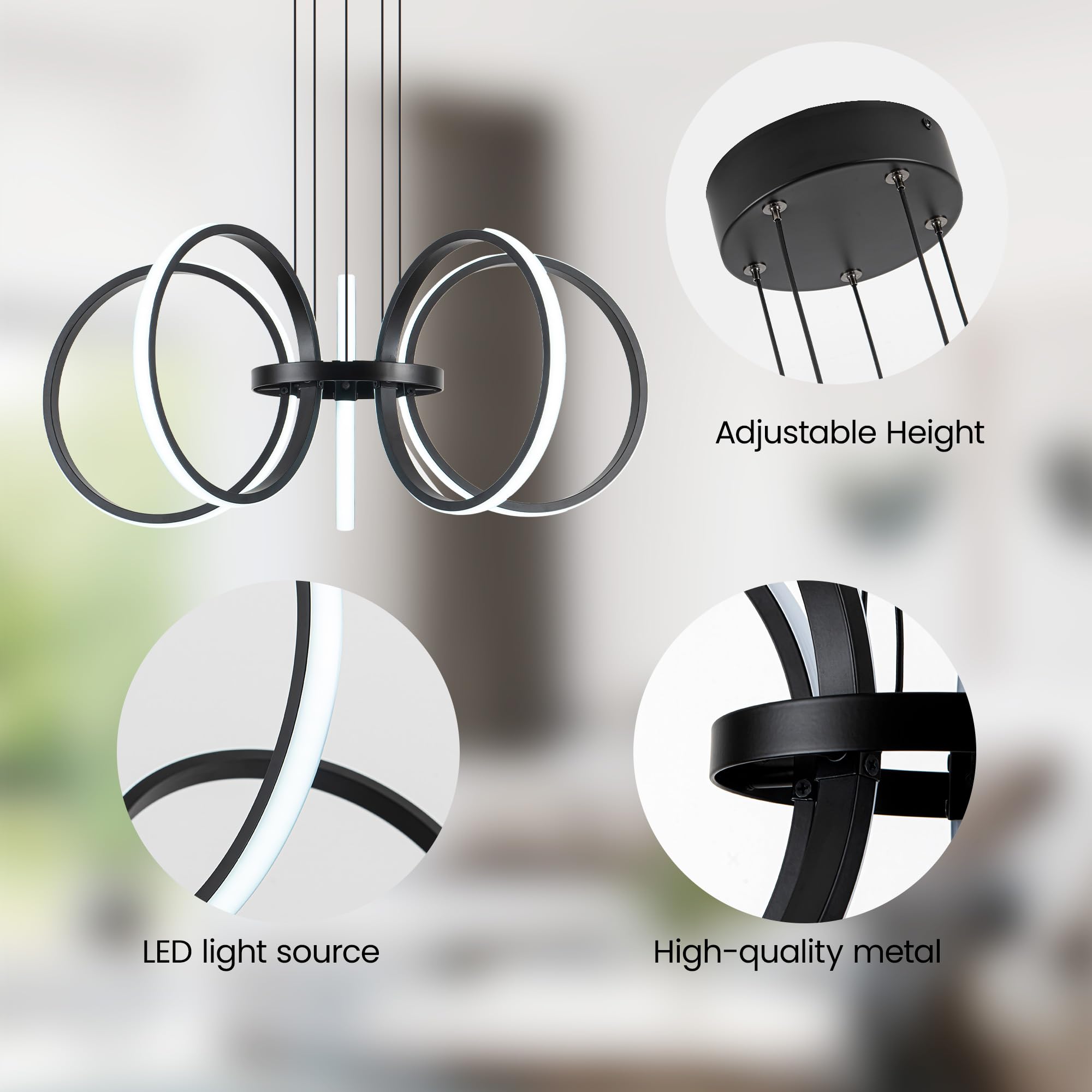 MAYNA Modern LED Chandelier, Adjustable 26" Black Pendant Light, 5 Rings, Aluminum, Model 48915-5P-BK