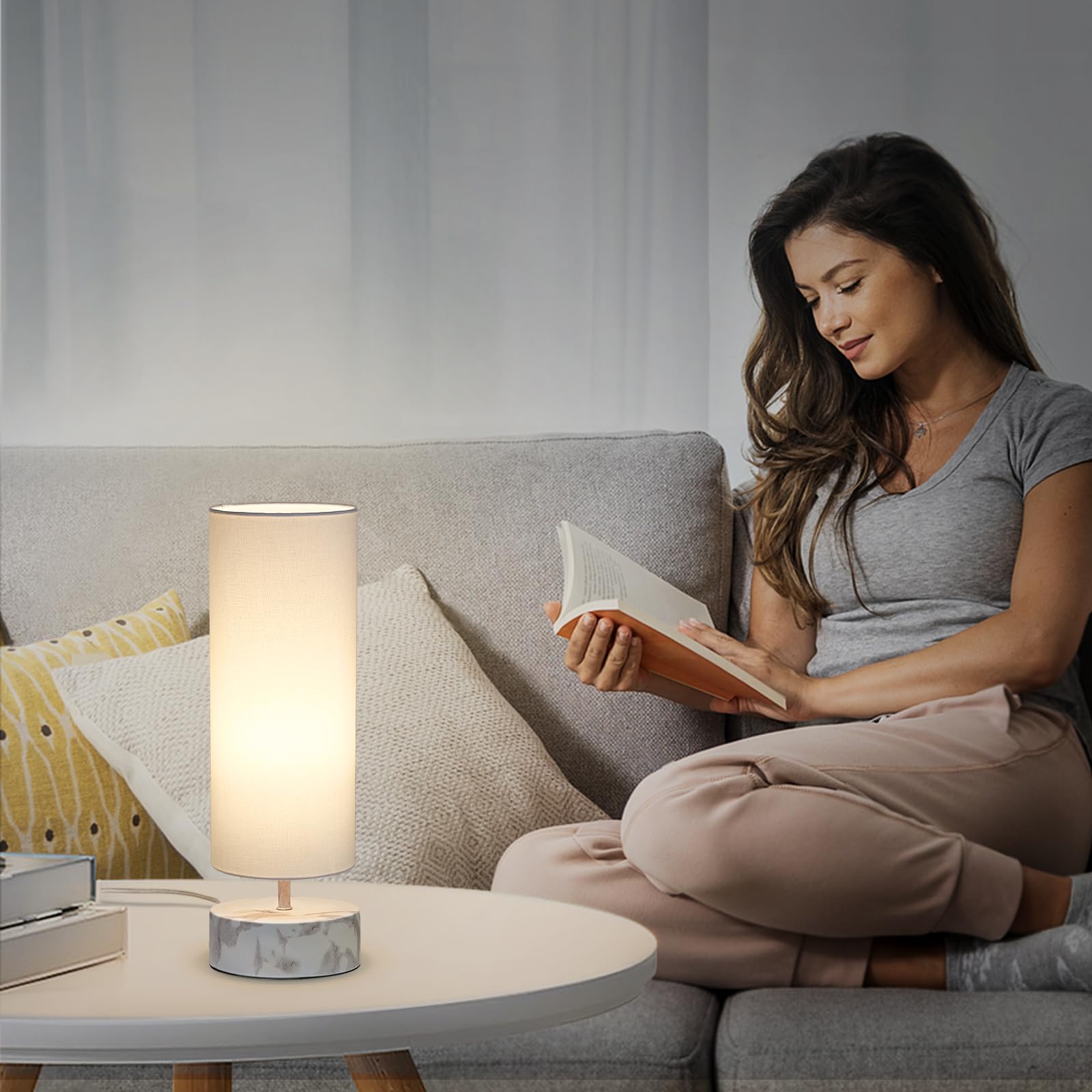 Seaside Village Touch Table Lamp - 3 Way Dimmable, Metal Base with White Marble, 5.51x5.51x17.52 in, White Shade, LED Bulb Included
