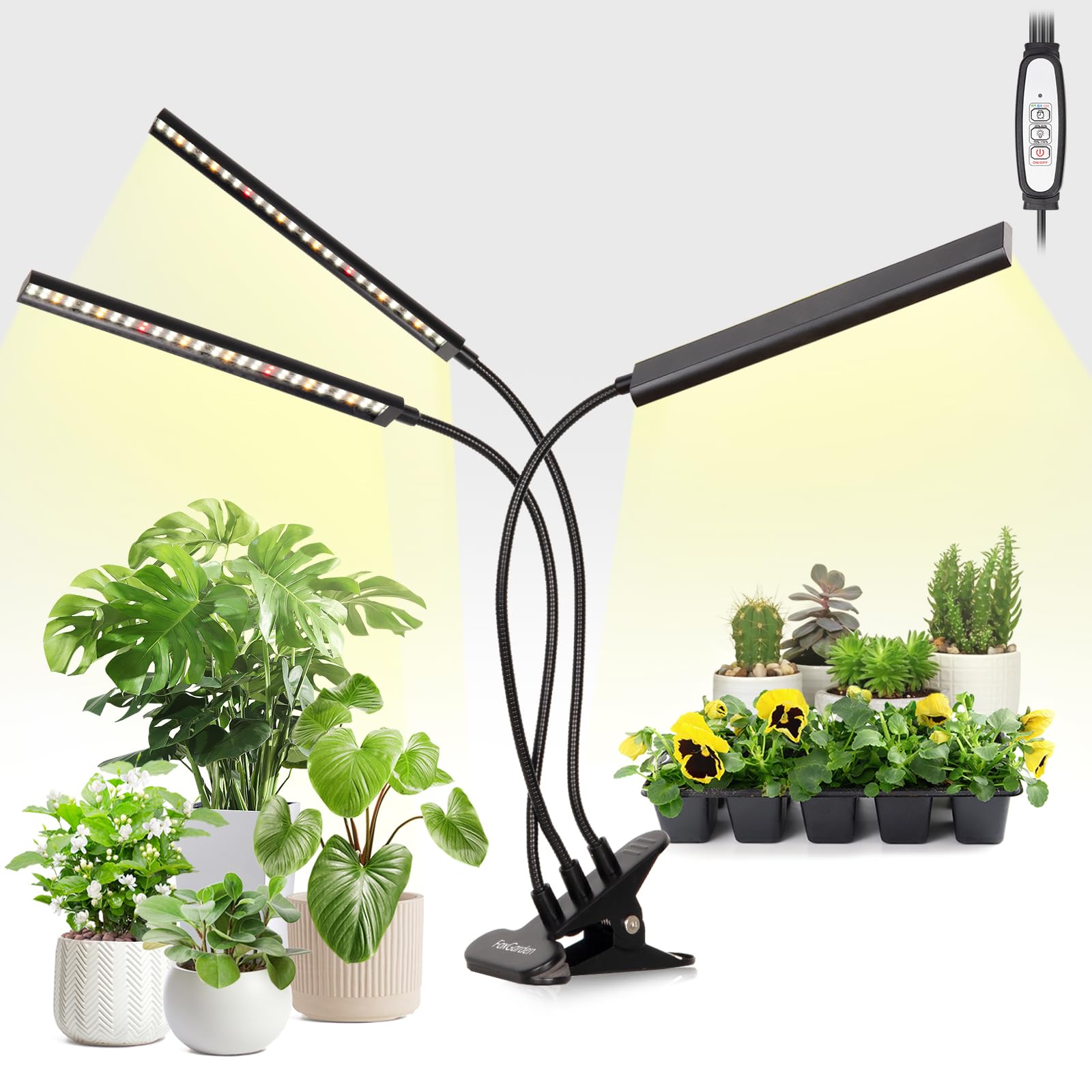 FOXGARDEN® Grow Lights Full Spectrum, Tri-Head Plant Lights for Indoor Growing with Flexible Gooseneck, 156 LEDs Clip Grow Lamp with 4/8/12H Timer, 4 Brightness Levels, Ideal for Indoor Growth