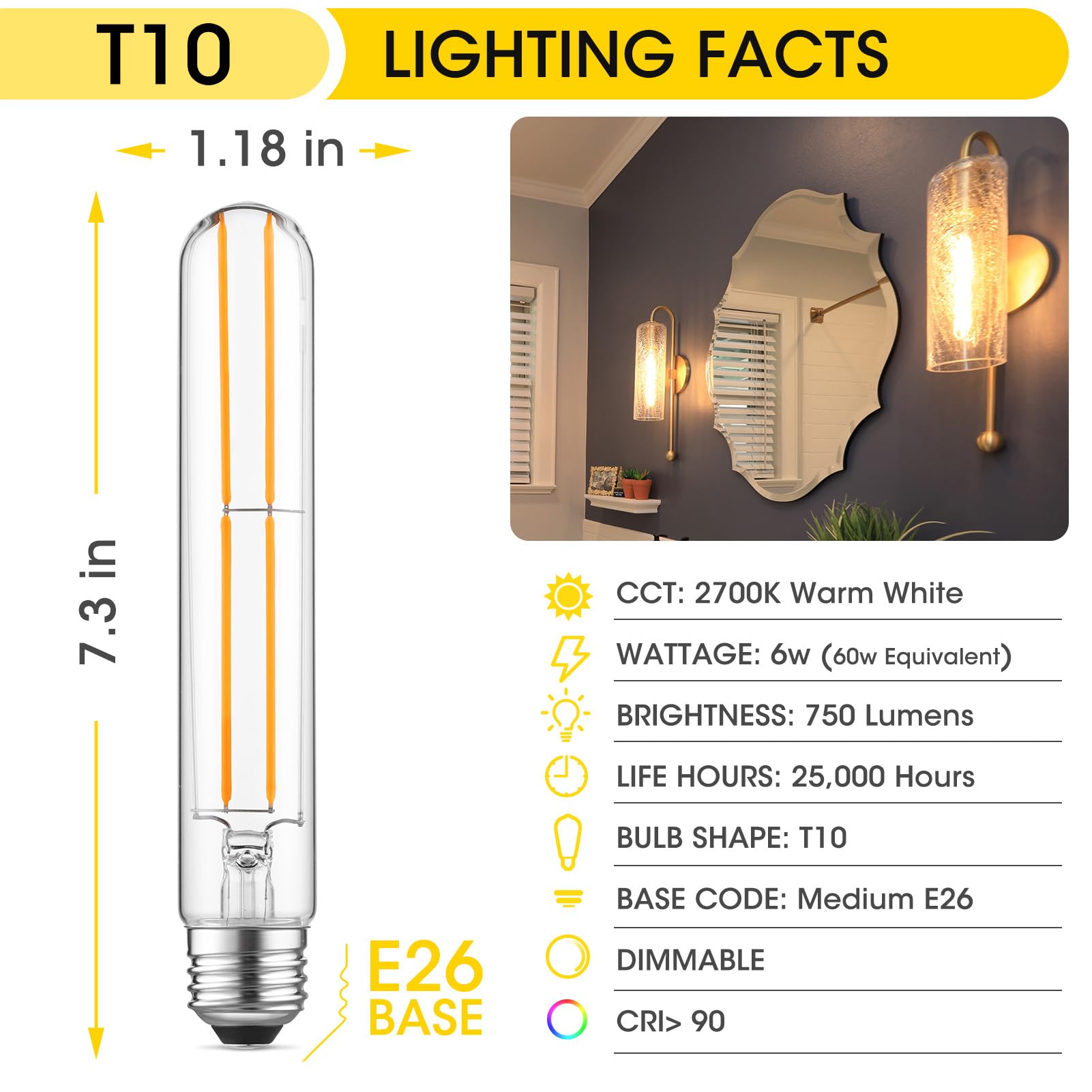 Gozelux Dimmable E26 Light Bulb 6W Equal 60 Watt Led Light Bulbs Ac120V Warm White 2700K Edison 60 Watt 750Lm T10 Bulb For Rusti