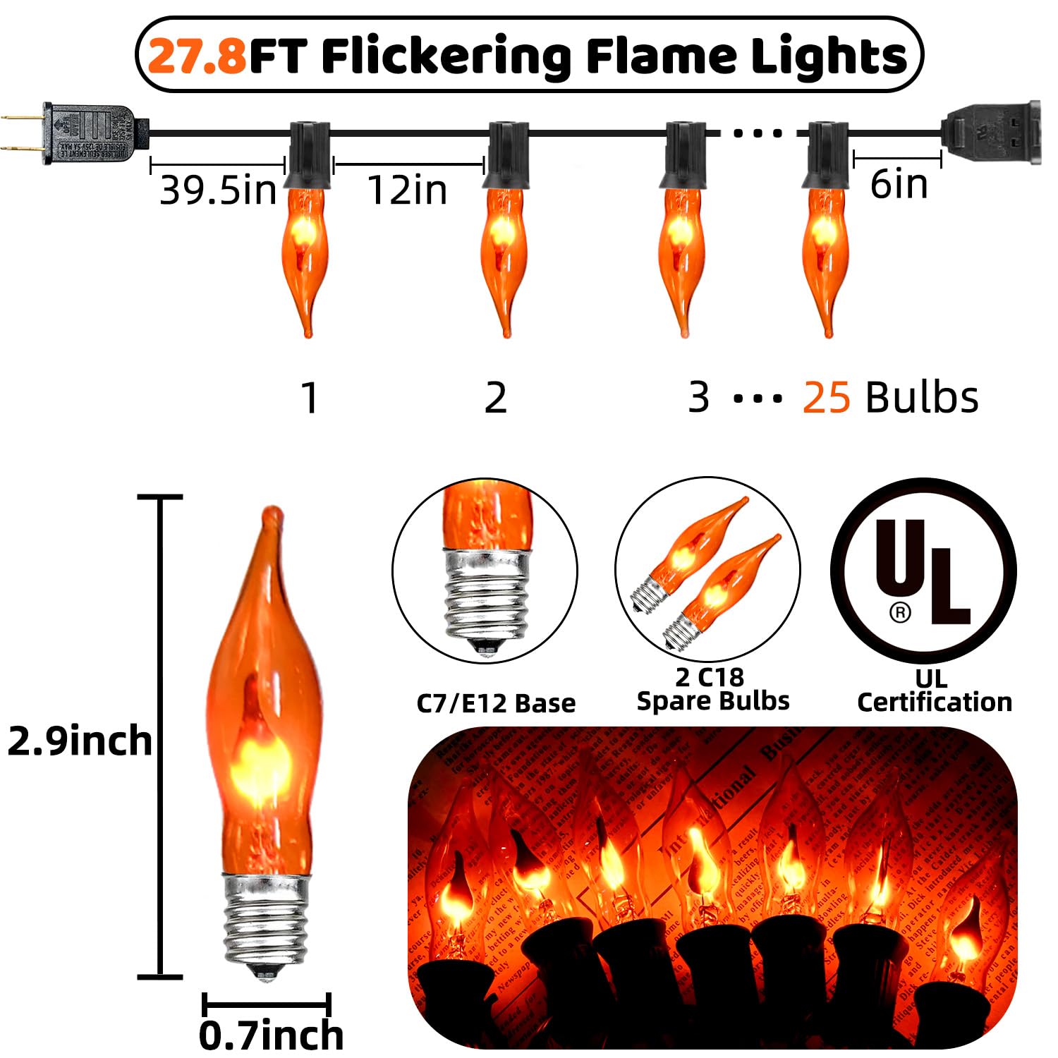 27.8Ft Orange Halloween Lights - Flickering Flame String Lights Orange Flickering String Lights With 25 Pack Orange Flame Light Bulbs For Fall Halloween Decorations Indoor Outdoor Home Party Mantel