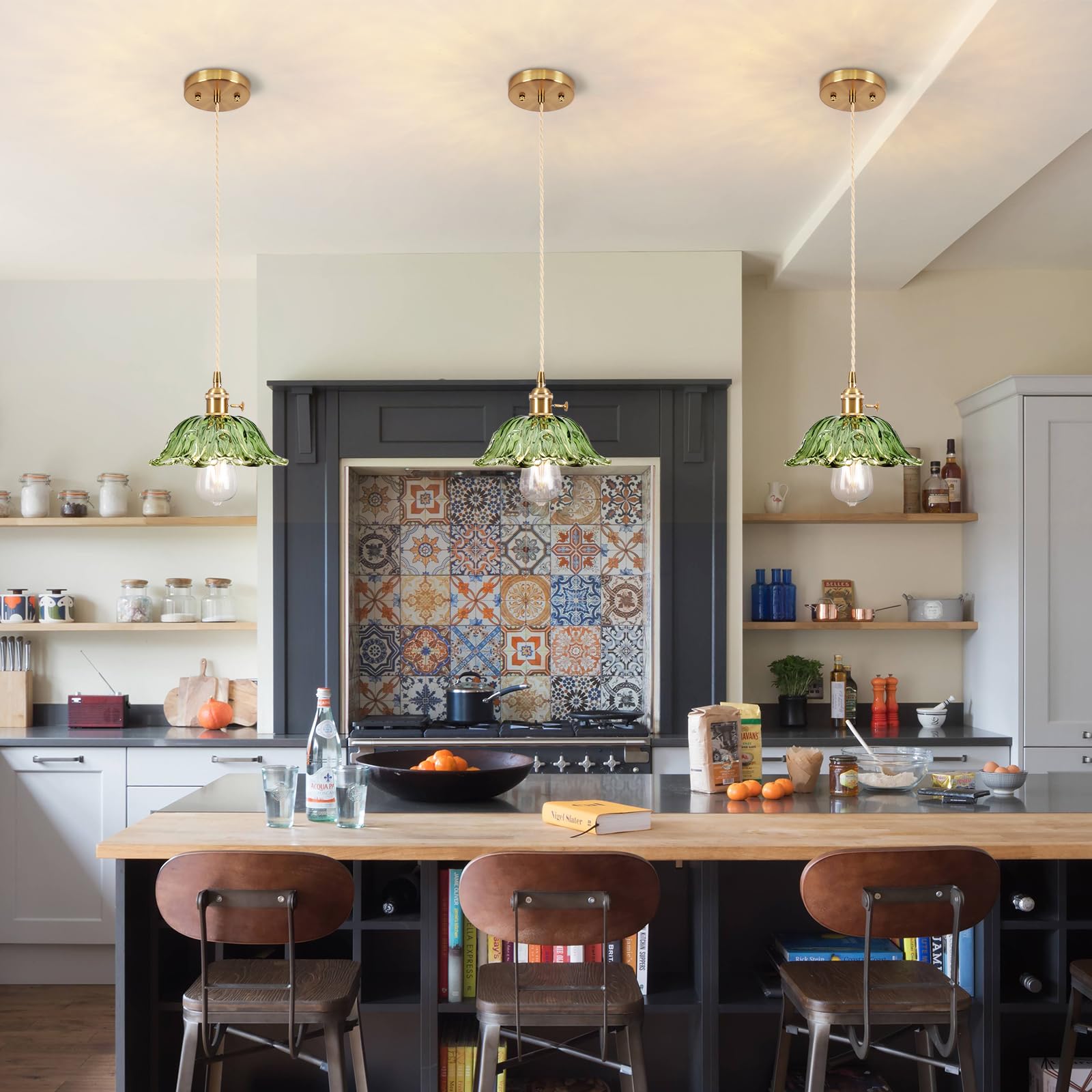 Loiogohot Glass Pendant Light Vintage Light Fixtures,Green Modern Chandelier Pendant,E26 Pendant Lights Kitchen Island,8.7 Inch