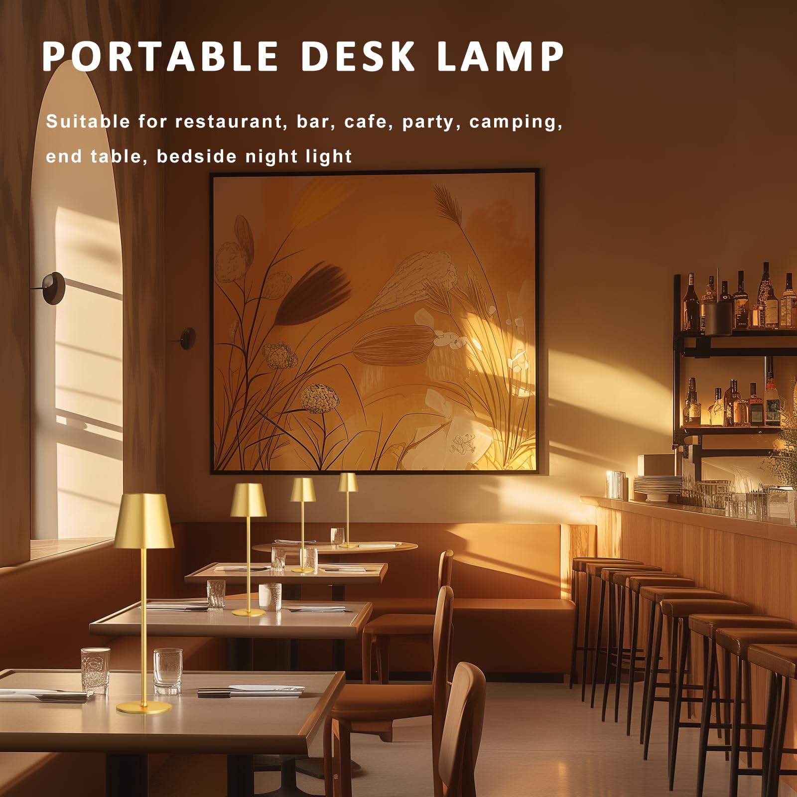 Kakanuo Cordless Table Lamp - Portable LED Wireless Rechargeable - 3 Color Stepless - Gold - Ideal for Restaurant, Bar, Camping, Bedroom