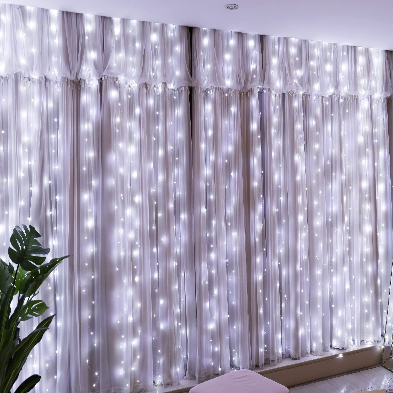 HXWEIYE 300LED Fairy Curtain Light (Upgrade Two Kinds of Light Clips) with Remote 8 Modes Times,9.8x9.8Ft White USB Plug-in Chri