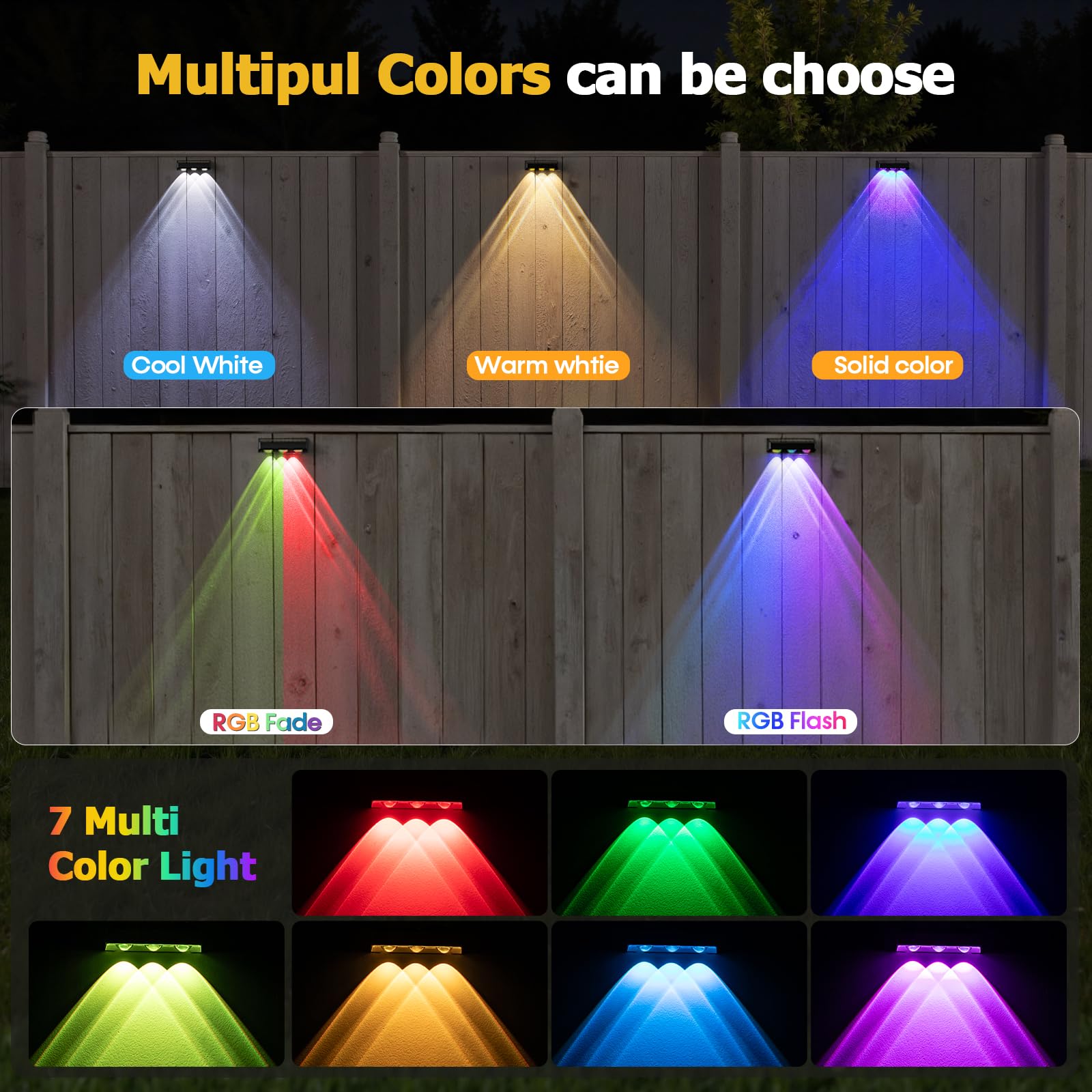 NIORSUN Solar Fence Lights, Waterproof LED Bulbs, RGB Color, 8 Pack, Black, Model 16399LGTF