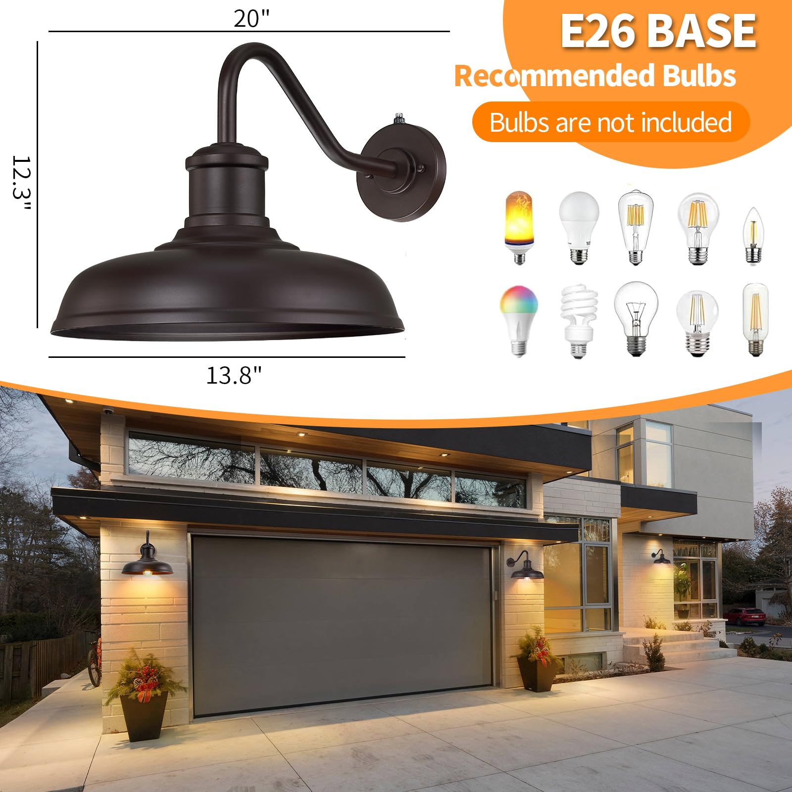 MYHXQ Gooseneck Barn Light 2-Pack, 13.8'' Brown Metal Outdoor Sconce with Sensor, Industrial Fixture for Porch, Entryway, Garage