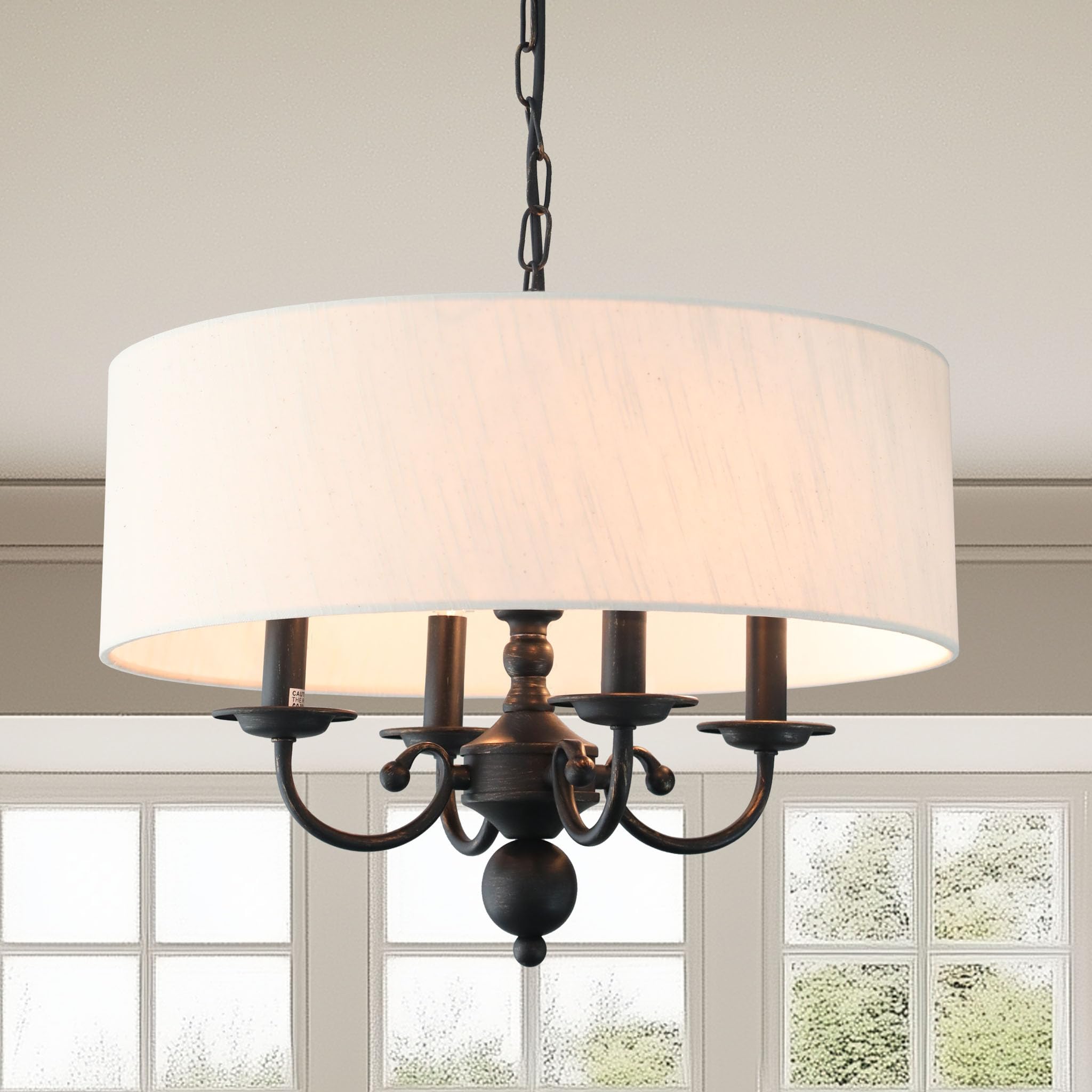 Drum Chandelier, 4-Lights Pendant Ceiling Hanging Light Fixture With Beige Shade, For Dining Room Living Room Bedroom Kitchen Is