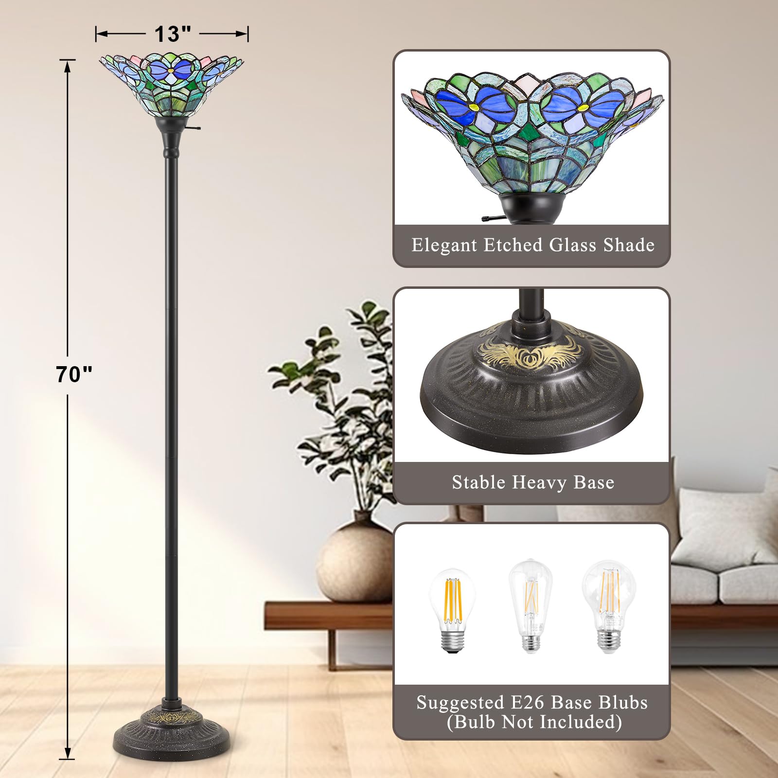 Luvkczc Tiffany Torchiere Floor Lamp - 70 '' Victorian Stained Glass Lamp Antique Tiffany Style Standing Light For Home,Office,H