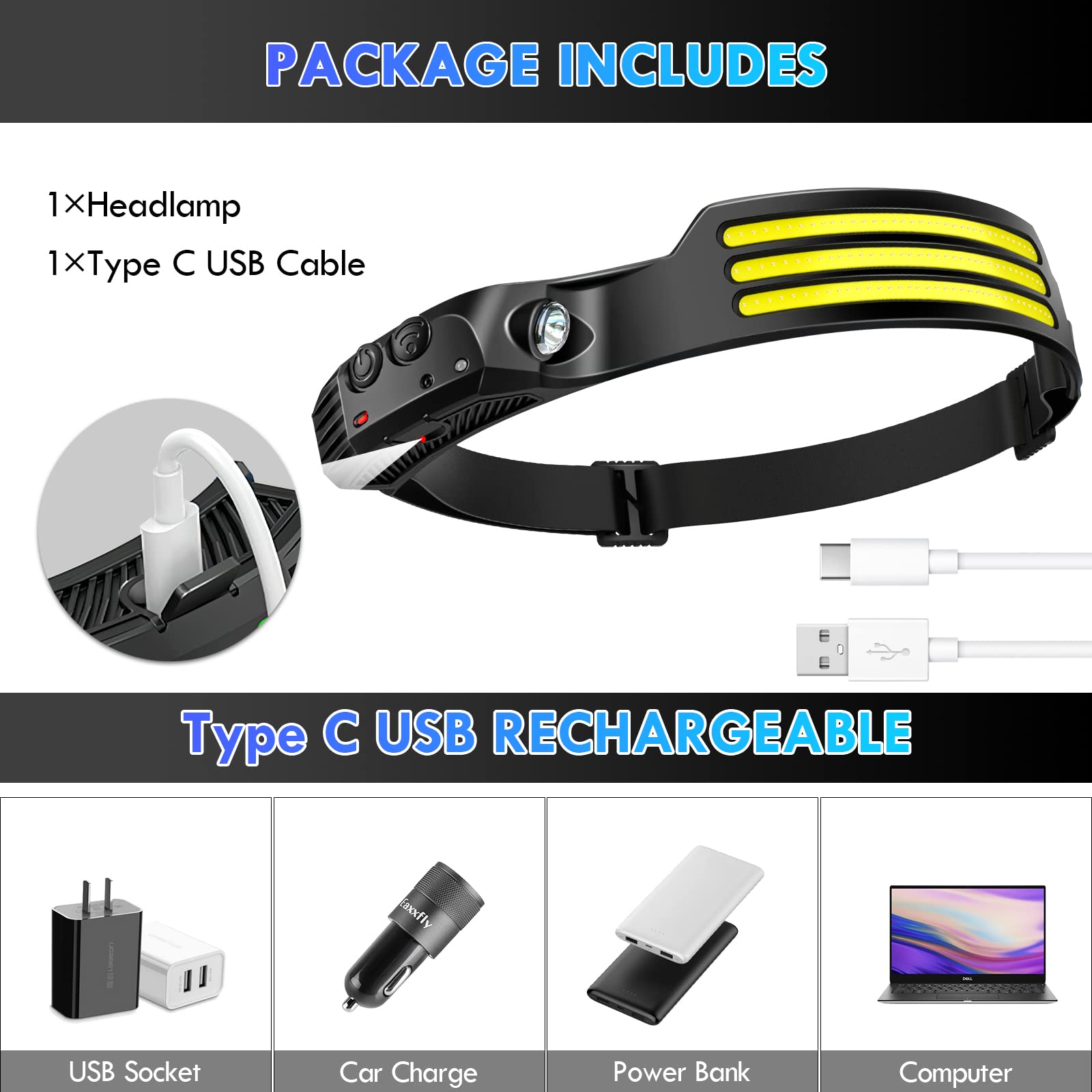 DAWINSIE LED Headlamp Rechargeable, 230 Wide Beam Head Lamp with Motion Sensor, Waterproof Head Light Flashlight for Hiking, Run