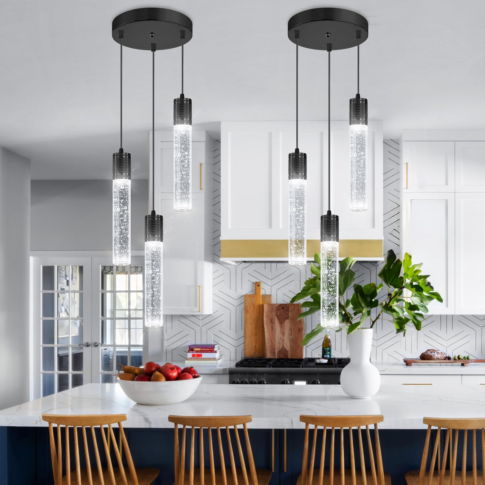 dolria 3-Lights Pendant Light Fixture, Black Crystal Chandelier for Kitchen Island & Dining Room, Model PC0019, 6000K White Light
