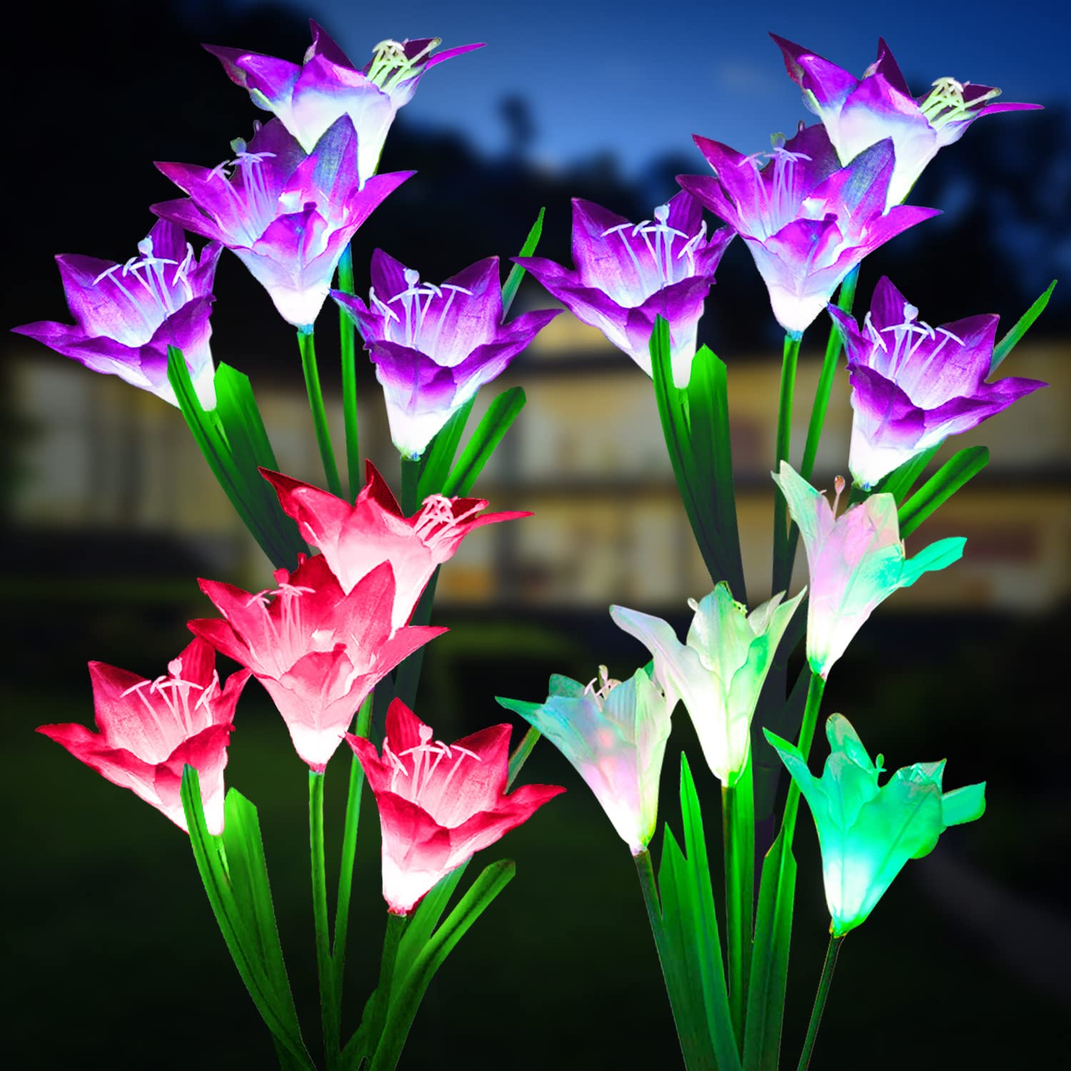 KOOPER Outdoor Solar Lights, 4 Pack Solar Garden Lights with Bigger Lily Flowers, Waterproof 7 Color Changing Solar Lights Outdo
