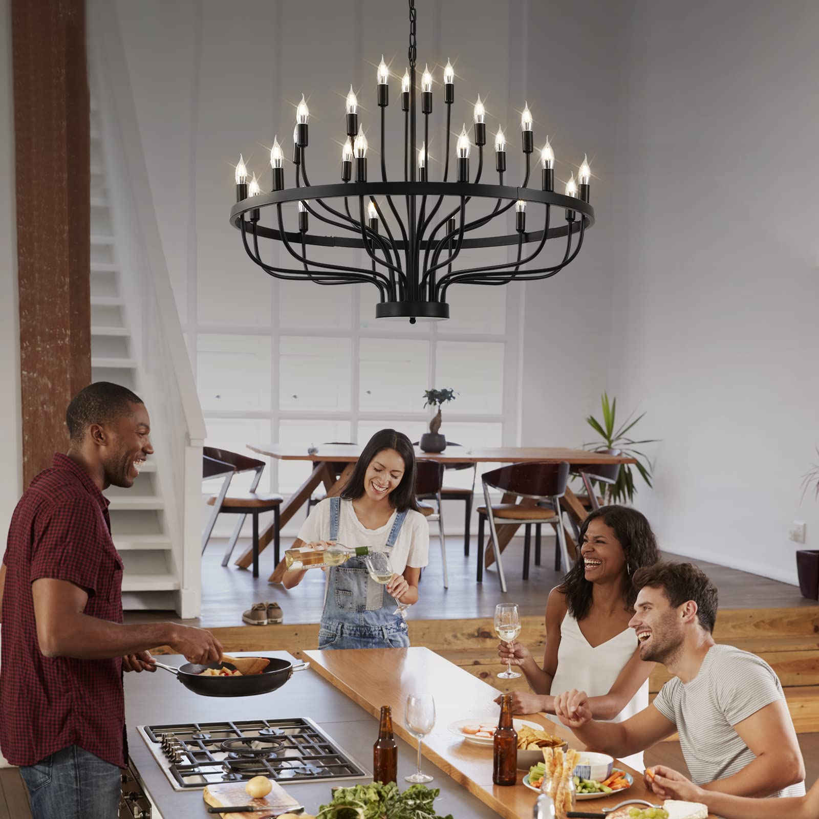 Shandaglo Black 24-Light Modern Farmhouse Chandelier, 39in Round Industrial Candle Wagon Wheel for Dining Room, Foyer, Living Room