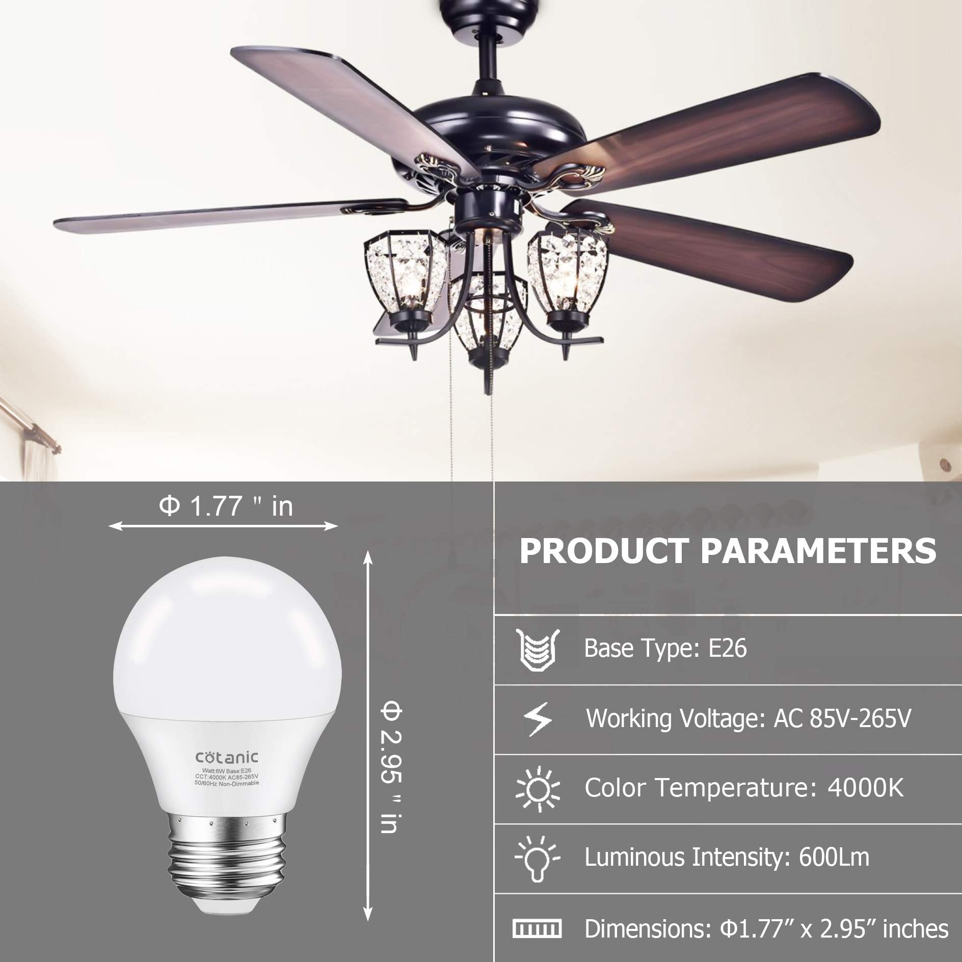 Cotanic 8 Pack A15 Led Ceiling Fan Light Bulbs 4000K Natural Daylight, 6W Small Light Bulb For Chandelier 60W Equivalent, E26 St