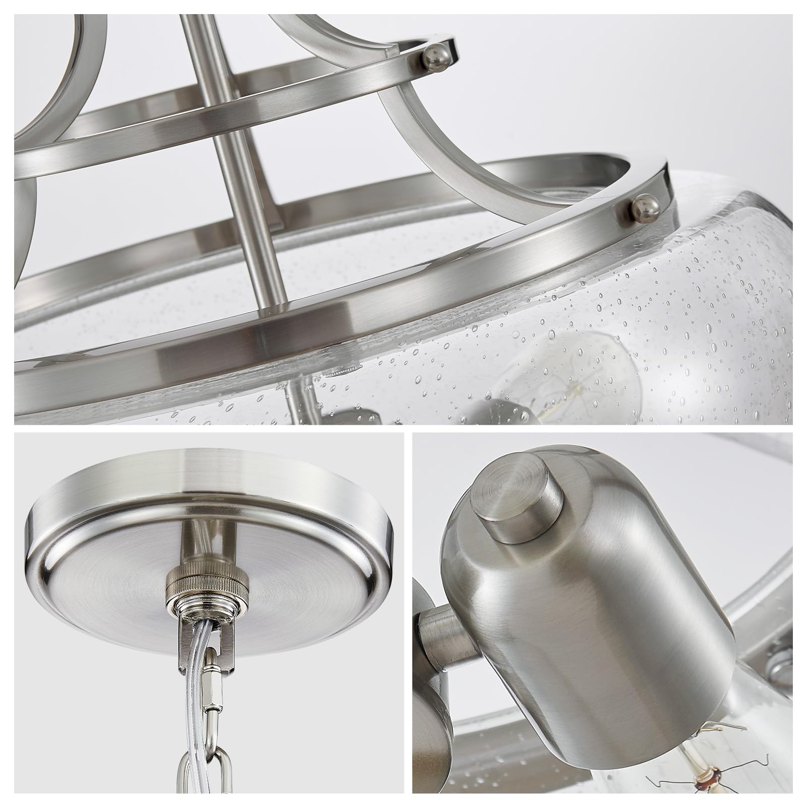 Wuzups Rustic Farmhouse Round Pendant Light, 3-Light Led Chandelier, Brushed Nickel, Glass Shade