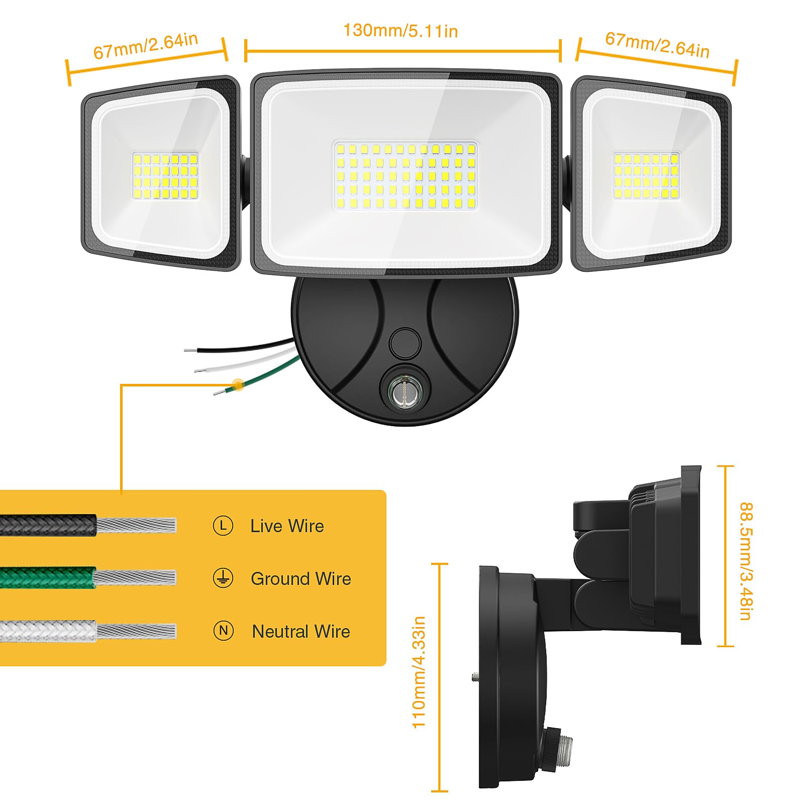 Onforu 60W Dusk to Dawn Outdoor Security Lights, 6000LM, IP65 Waterproof, 3 Adjustable Heads, Black, Model BDB60D-3