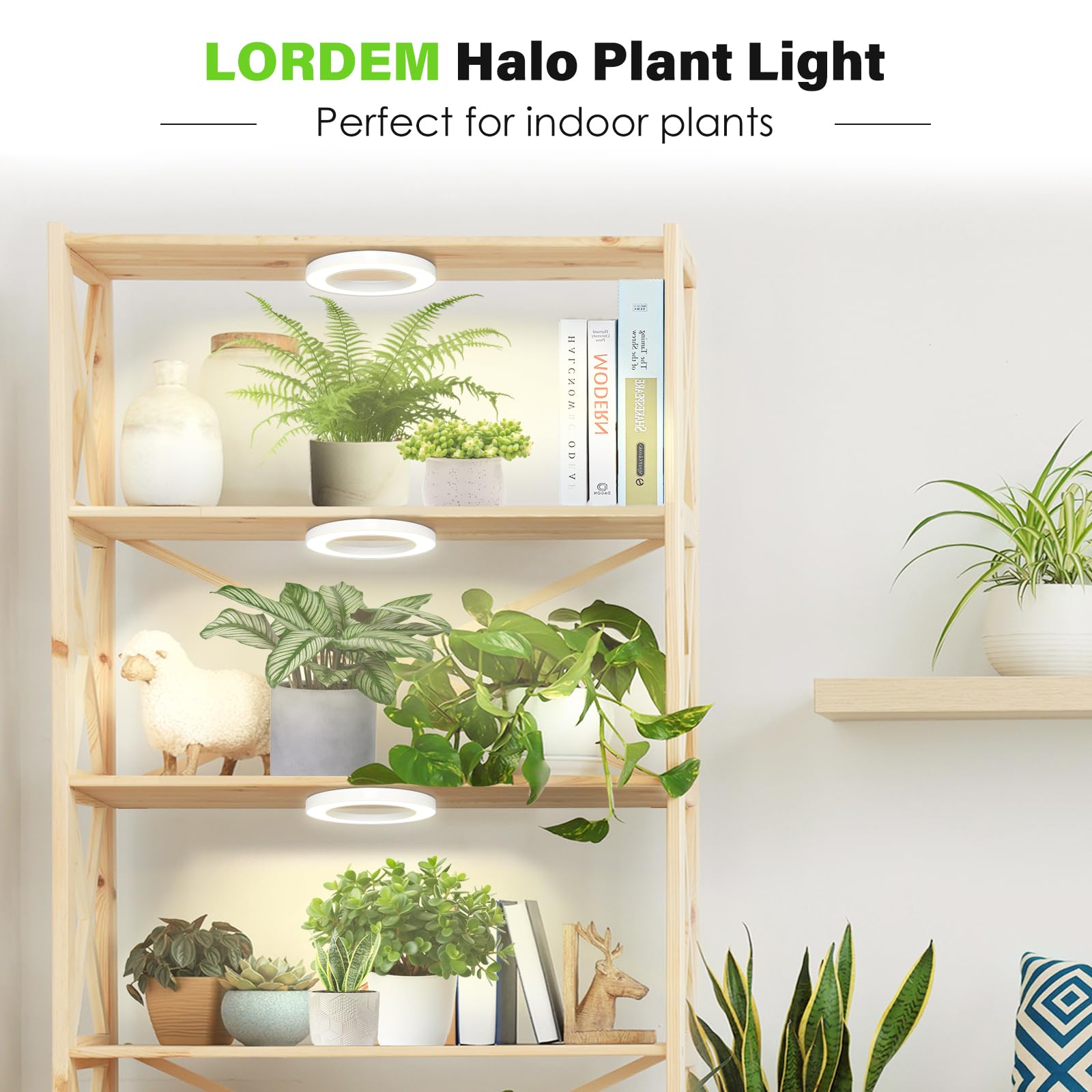 Lordem 6.3” Ceiling Grow Lamp For Indoor Plants, 216 Leds Full Spectrum Halo Plant Light, Under Cabinet Grow Lights With 4/8/12H Auto Timer, 3 Switch Modes, 4 Dimmable Brightness Levels, Tri Head