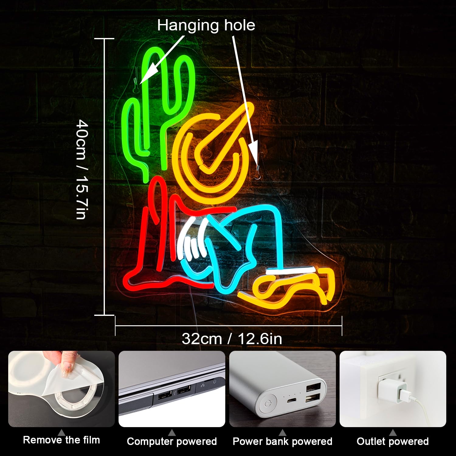 Cowboy Cactus Neon Sign Cowboy Hat Neon Signs for Wall Decor Western Wall Art USB Light Up Sign Dimmable LED Sign For Man Cave,B