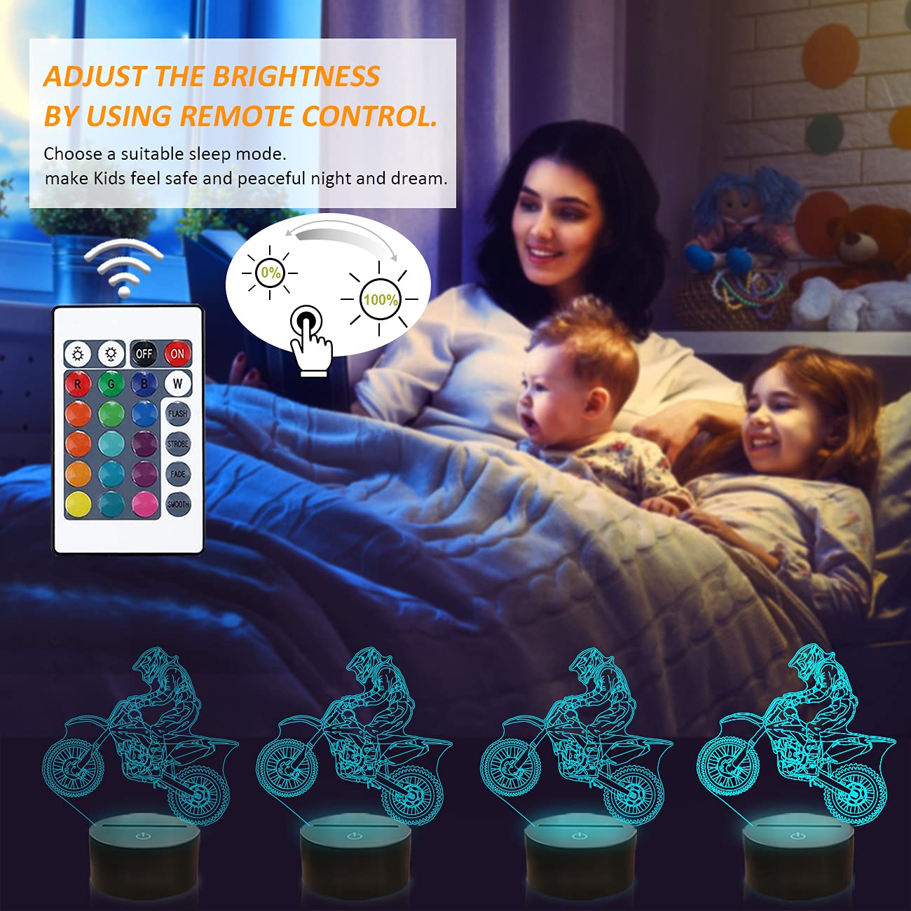 FULLOSUN 3D Night Light for Kids - Motocross Design, Remote Control, 16 Colors, Dim Function, Model FS-2810-9999, Blue-Motorcross