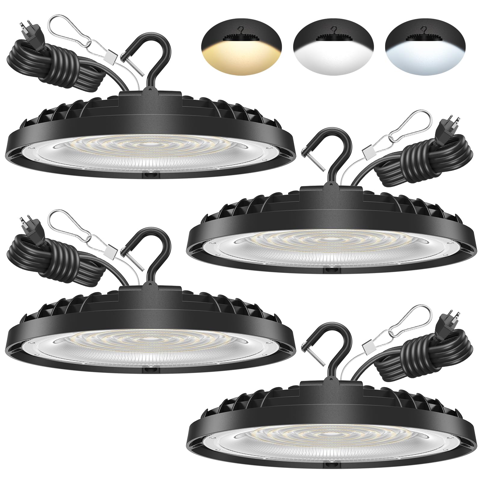 4 Pack 150W UFO LED High Bay Light, Adjustable Wattage 150W/110W/75W, 3-Color Temperature (3500K/5000K/6500K), 21,000LM, 120VAC,