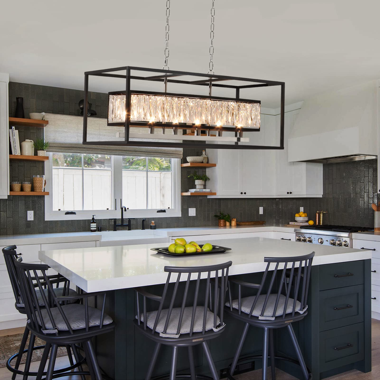 Vezzio 6-Light Crystal Chandelier - Black Rectangle Pendant Light for Dining Room & Kitchen Island, Large, Model 1