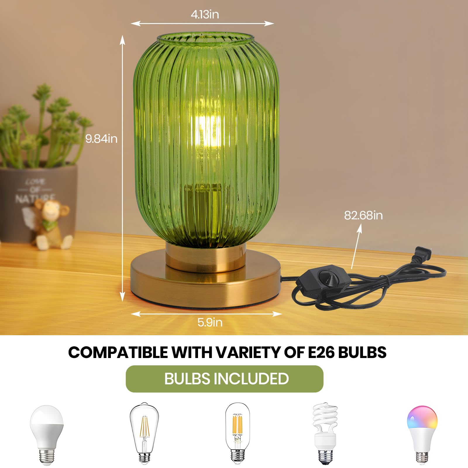 Green Table Lamp Dimmable Ribbed Glass Bedside Table Lamp Modern Globe Table Lamp Small Vintage Nightlight Lamp Mid Century Nigh