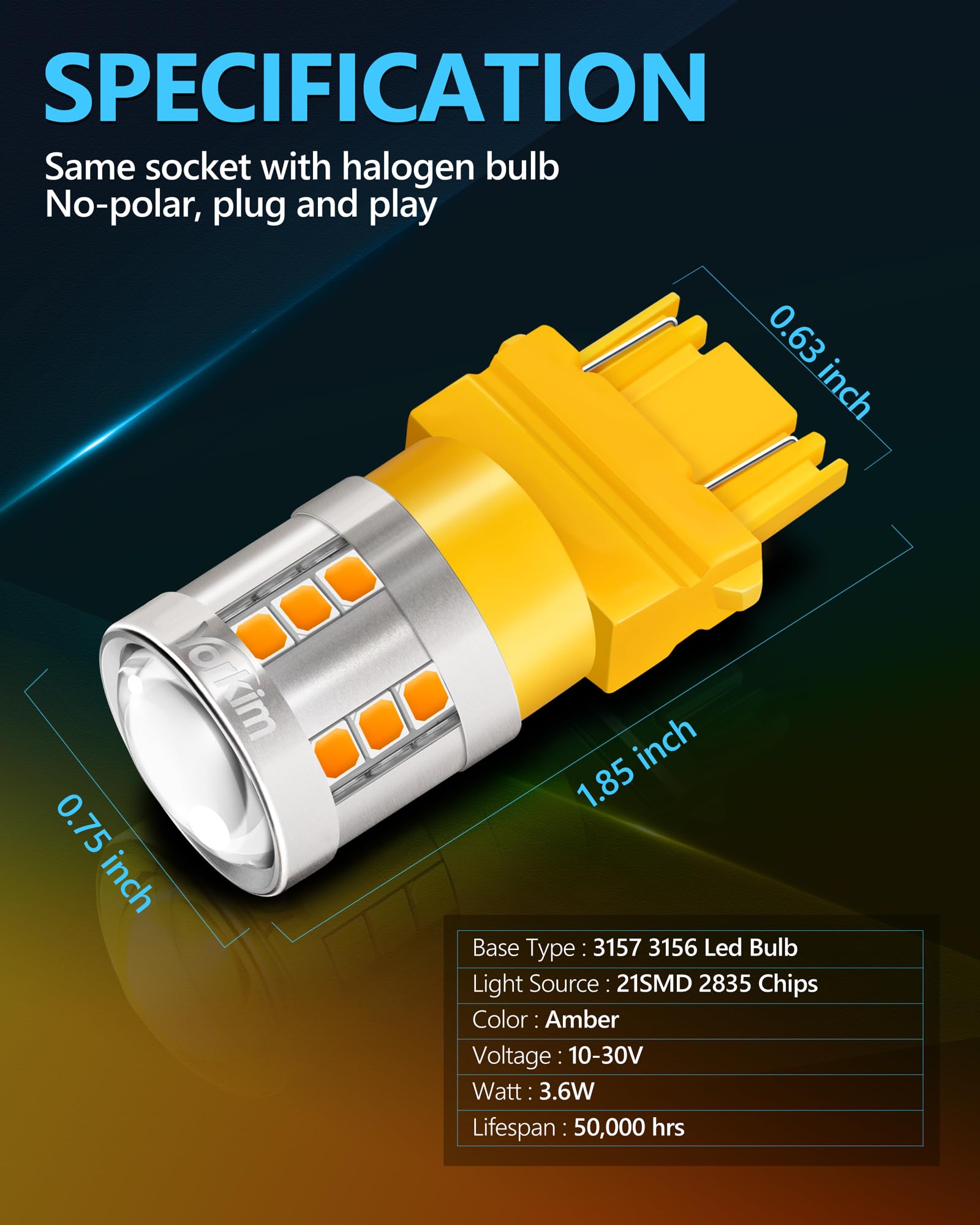 Yorkim LED Bulb 3157/3156 Amber High Brightness Replacement Lamp for Turn Signal Lights, Pack of 2