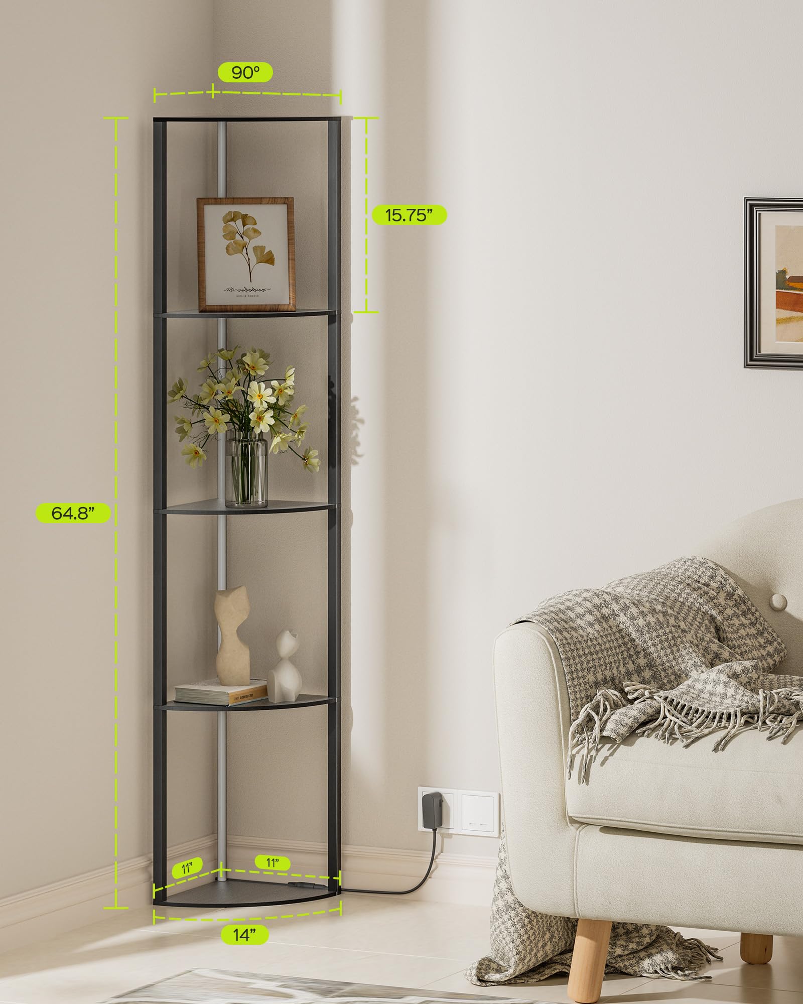 JACKYLED 5-Tier Corner Display Shelves, RGB LED Floor Lamp, 64.8in Wood Curio Cabinet, Remote/App Control, Model JKFL0512126701A