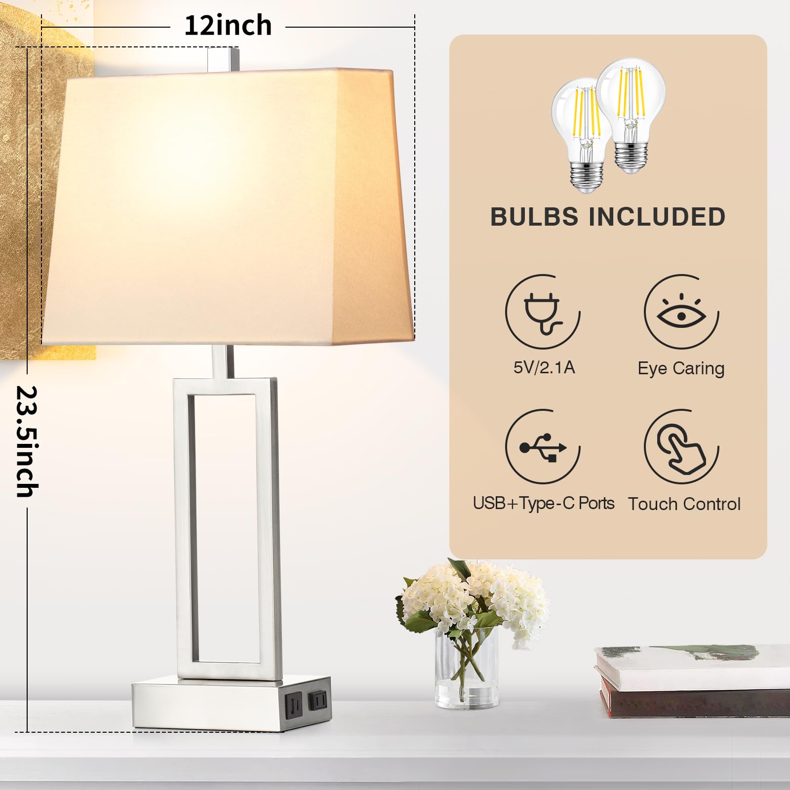 Touch Control Table Lamps For Living Room, 3-Way Dimmable Modern Table Lamp With Usb A+C Charging Ports & Ac Outlets, Bedside Co