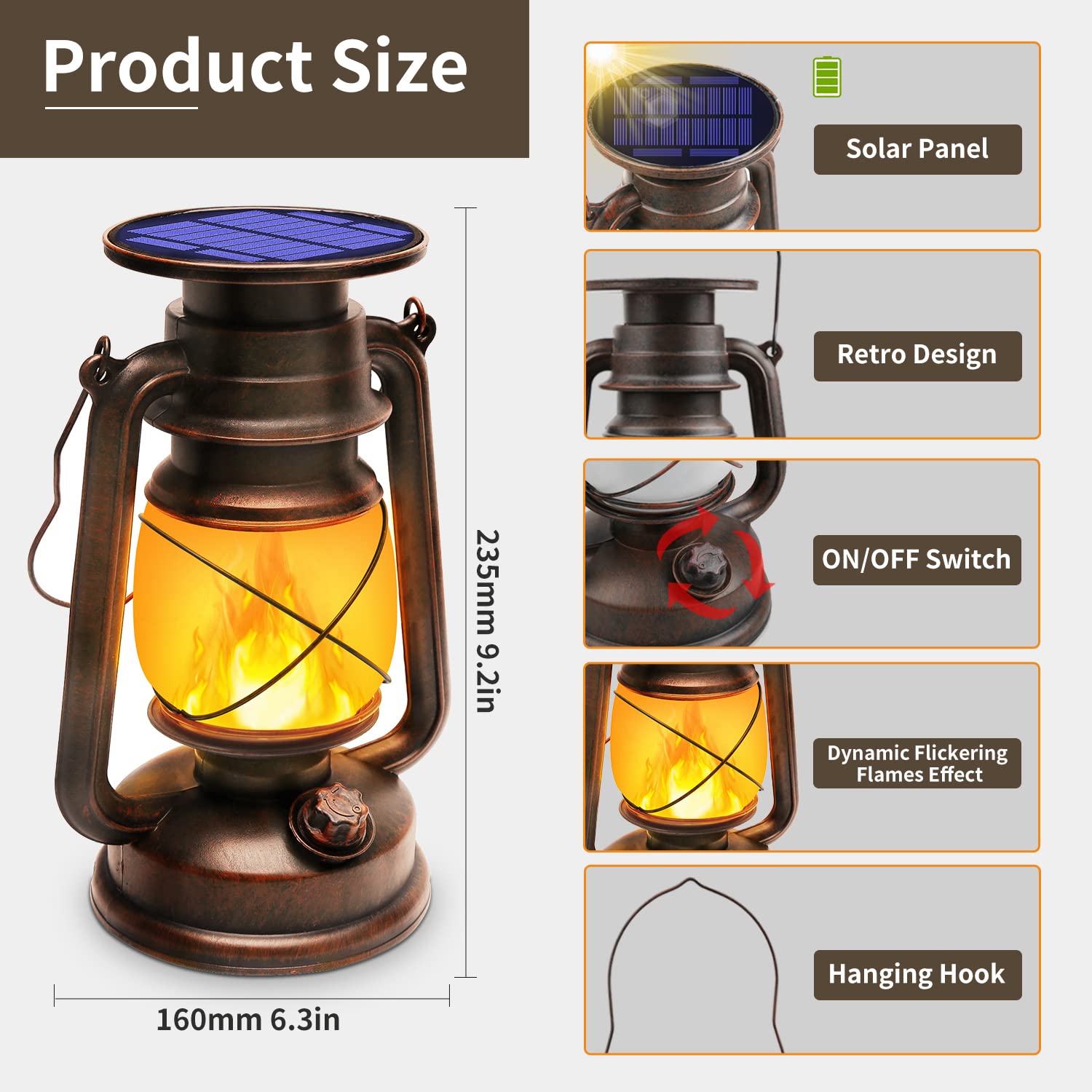 Richday Solar Lantern - LED Vintage Flame, Waterproof, 2pcs Solar Light Set, Brown, Model: Solar-Light