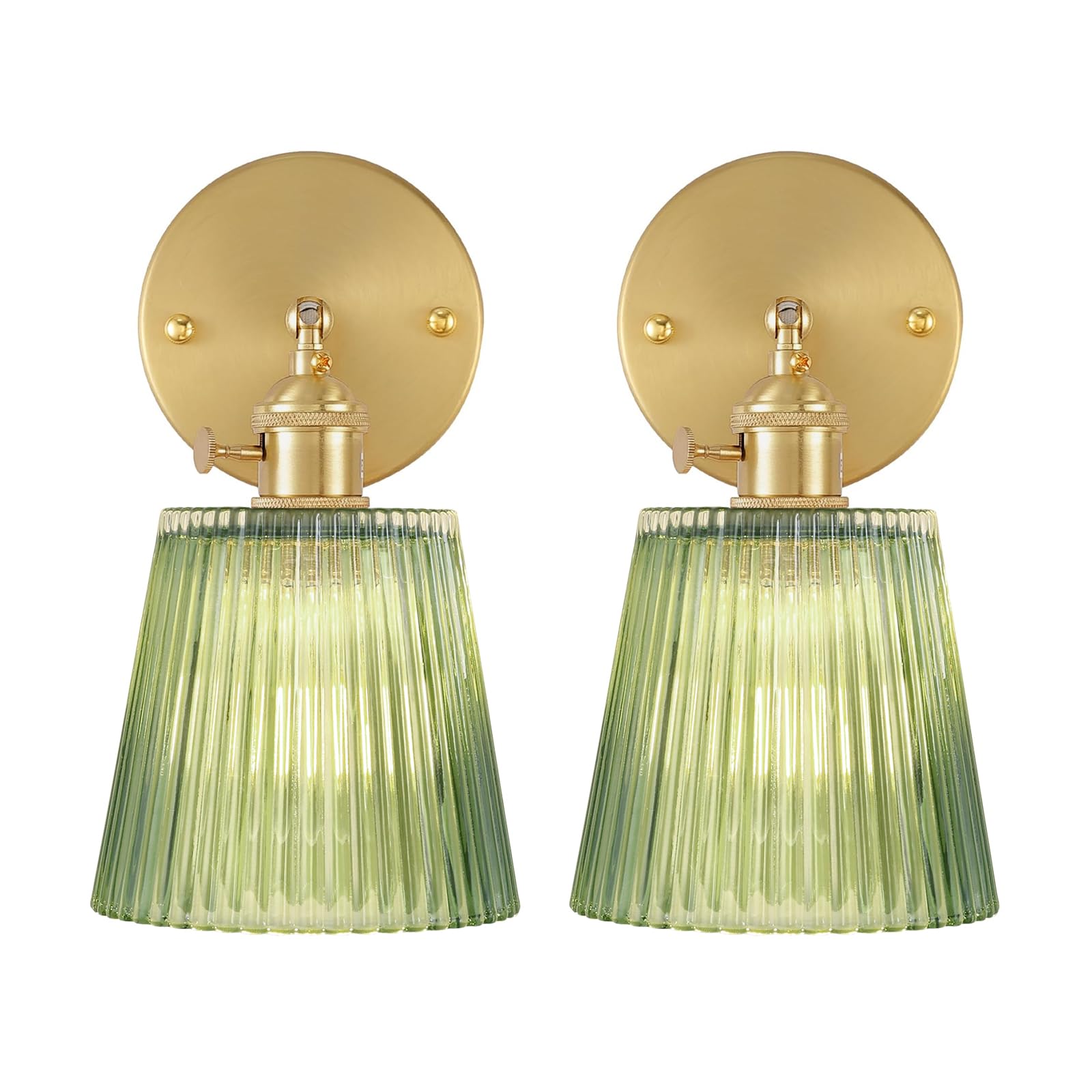 Shenmoyl Wall Sconces Set of 2, Green Stripe Glass Lampshade, Hardwired, Adjustable Brass Lighting Fixture, Model 1-9415