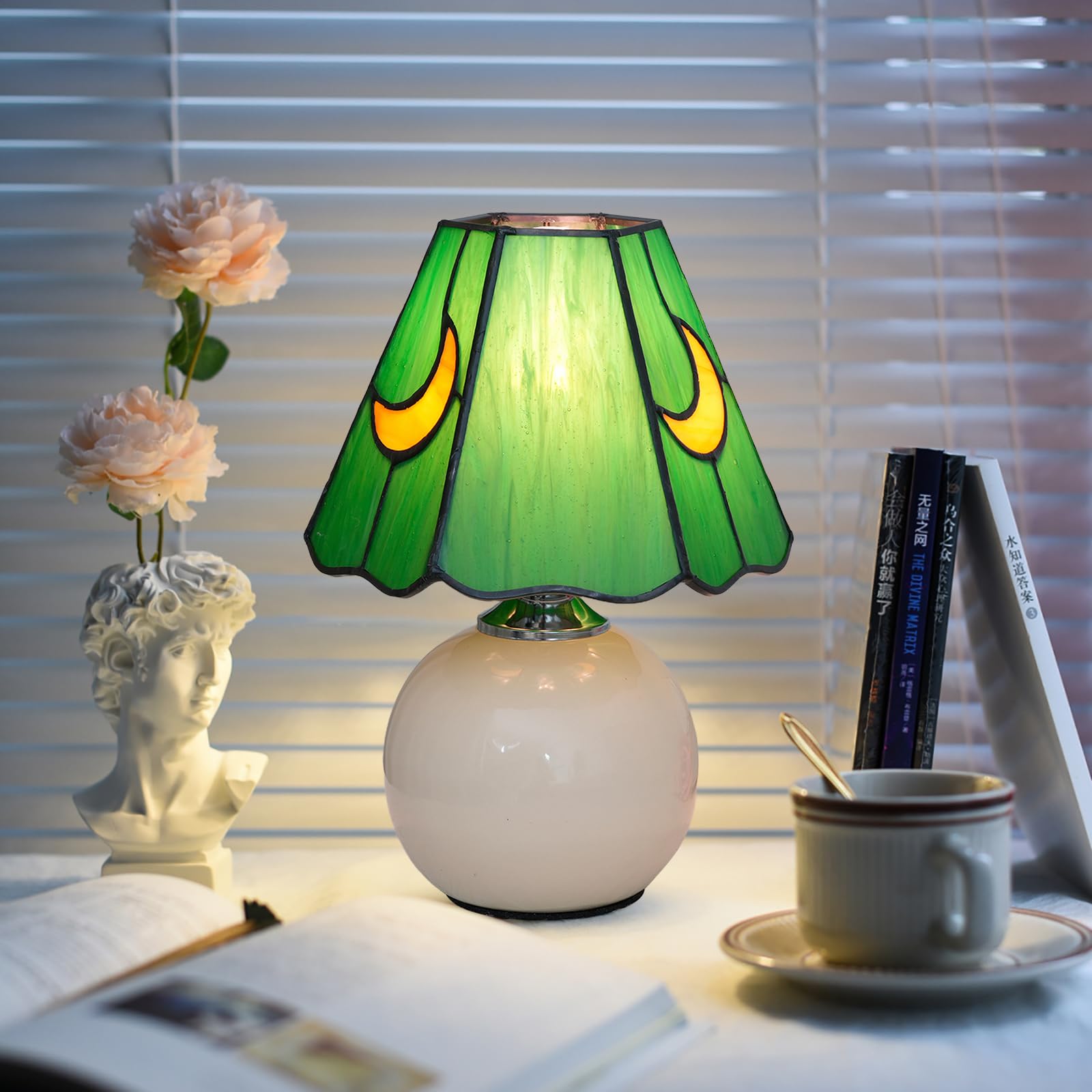 KIPHEPI Tiffany Stained Glass Mushroom Lamp, Small Bedside Table Light, Green, Model OFU1205