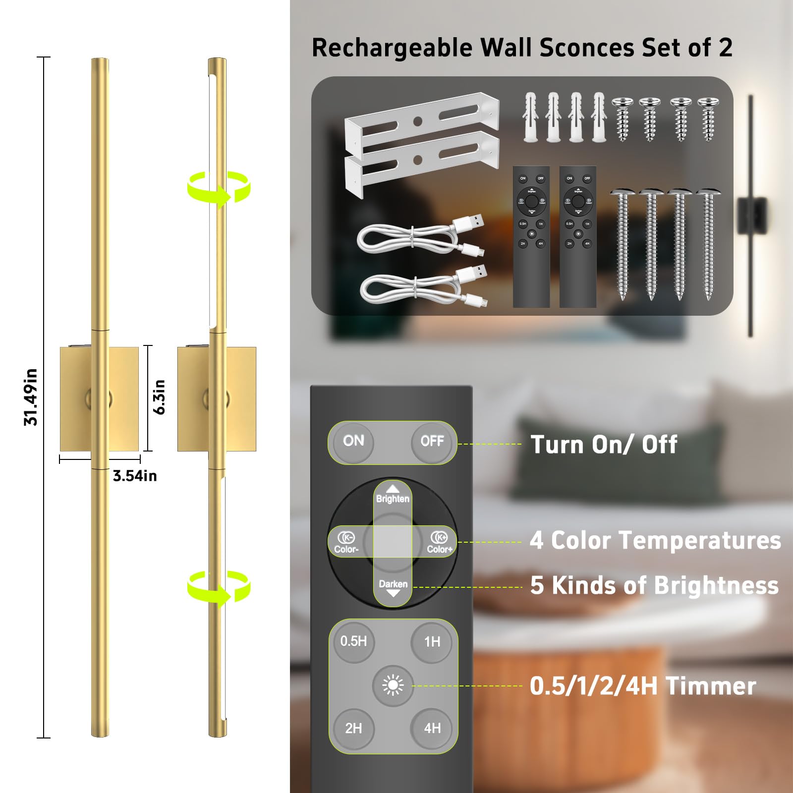iThird Battery Operated Wall Sconces Set of Two, Dimmable LED Lights, 31.5inch, Gold, Remote Control, Model IT-LP-3272