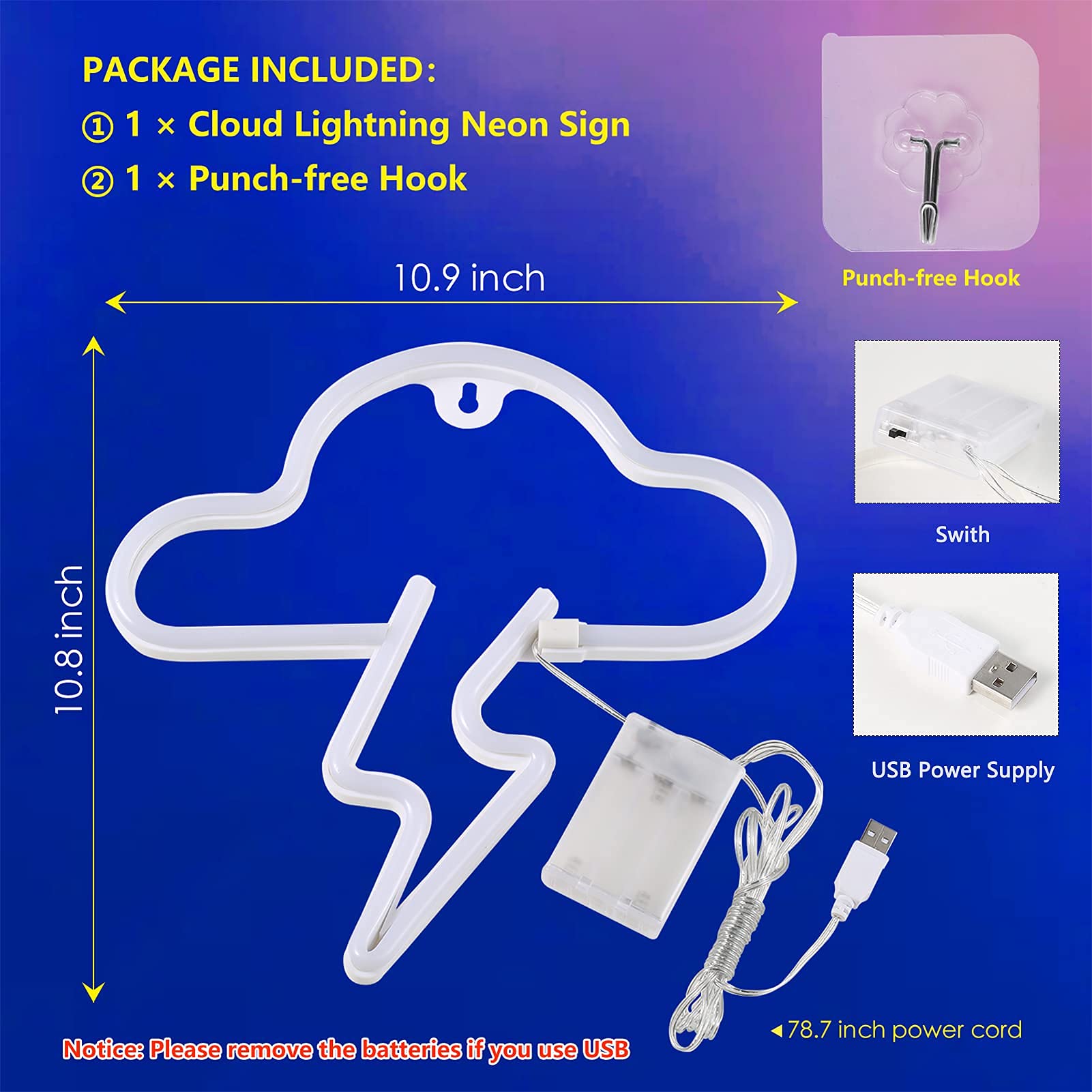 BerniceKelly LED Neon Cloud Sign - Wall Decor, Battery/USB Powered, Yellow, Model 452YHH-ZRT2107002-1, Blue+Yellow