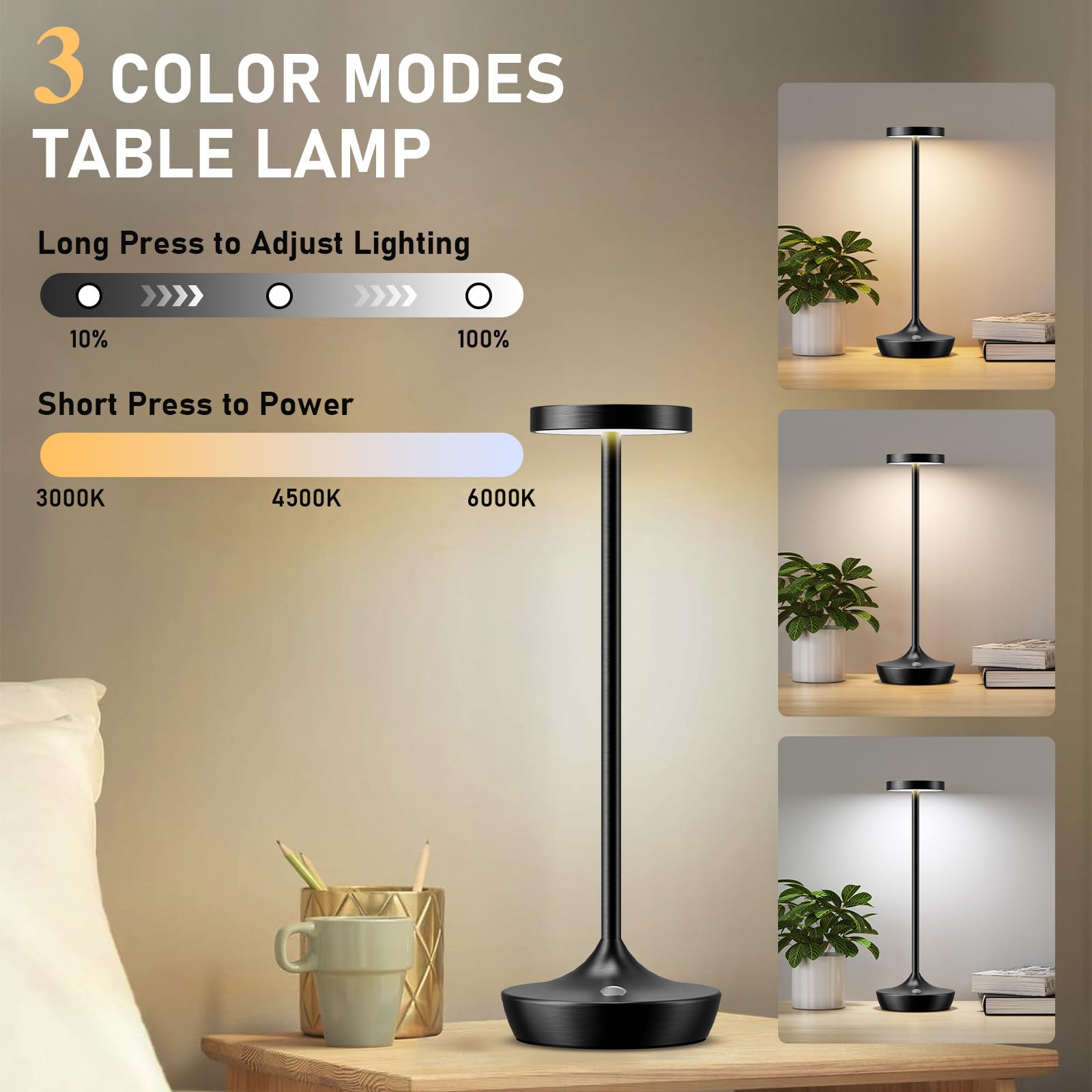 Tpczqj LED Cordless Table Lamp, Rechargeable, 3 Color Dimming, Waterproof, Black, Model x86