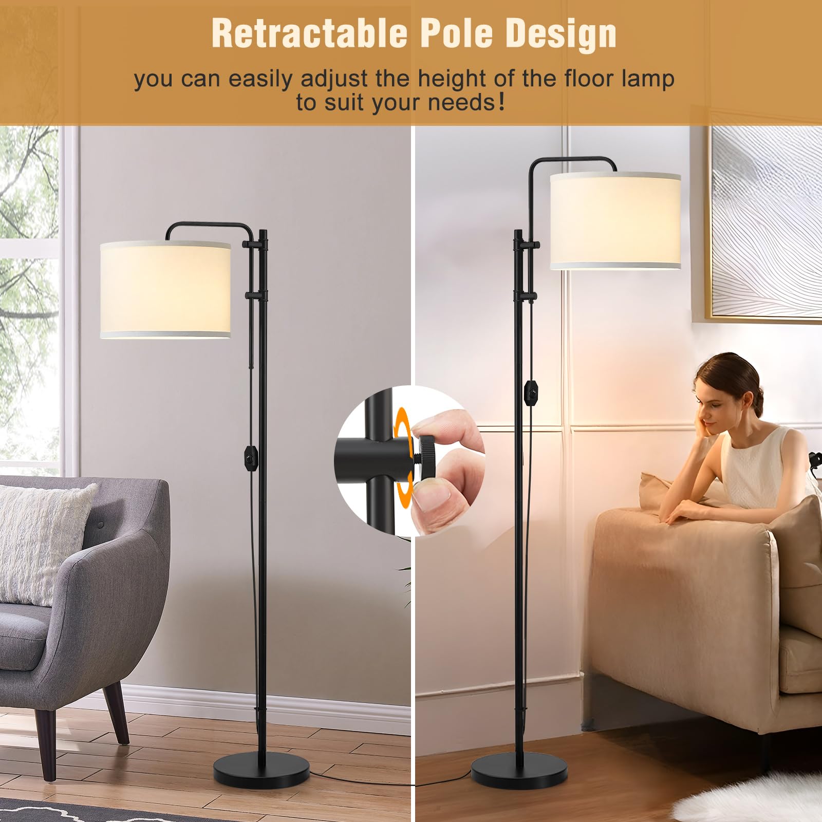 GyroVu Floor Lamp - Adjustable Height, 67.5-Inch, Dimmable, White Fabric Shade, Model 8906367011, Modern Design for Living Room & Office