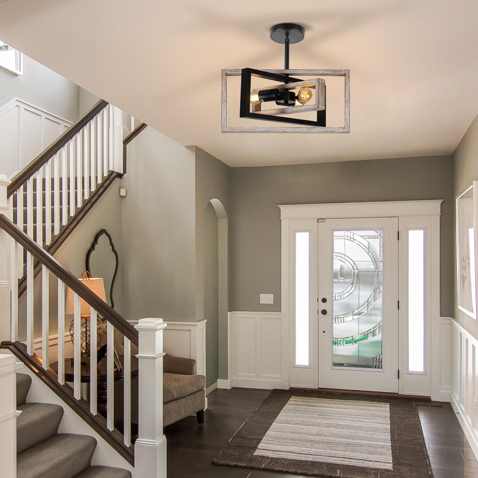 Huismier Farmhouse 3-Lights Flush Mount Ceiling Light Fixture  Industrial Wood And Metal Chandelier  Retro Close To Ceiling Lighting For Kitchen Entryway Hallway Bedroom Dining Room Living Room Foyer