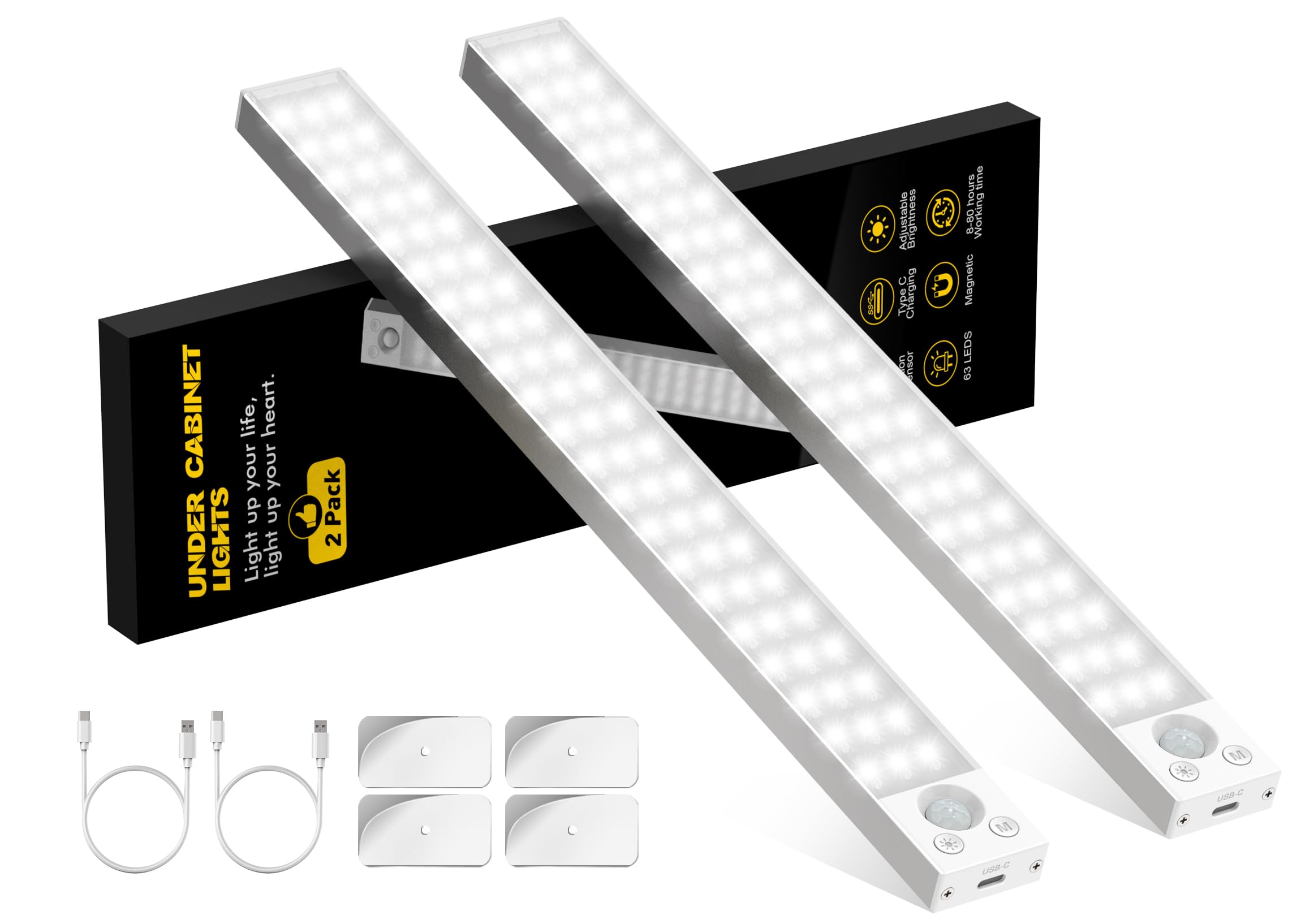 KEPLUG Under Cabinet Lights, 14.5 Inch, Dimmable, 63 LEDs, Rechargeable Battery Operated, White, Model GLS-C013 L