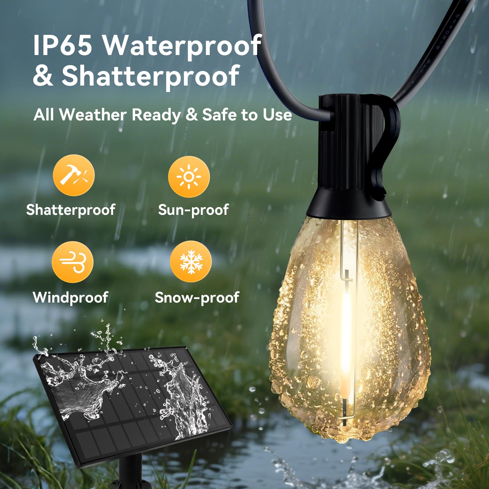 HJQ Solar String Lights 120FT(60x2) with Remote & USB, 20+1 LED Shatterproof Bulbs, Waterproof Black Model GY-S-C40