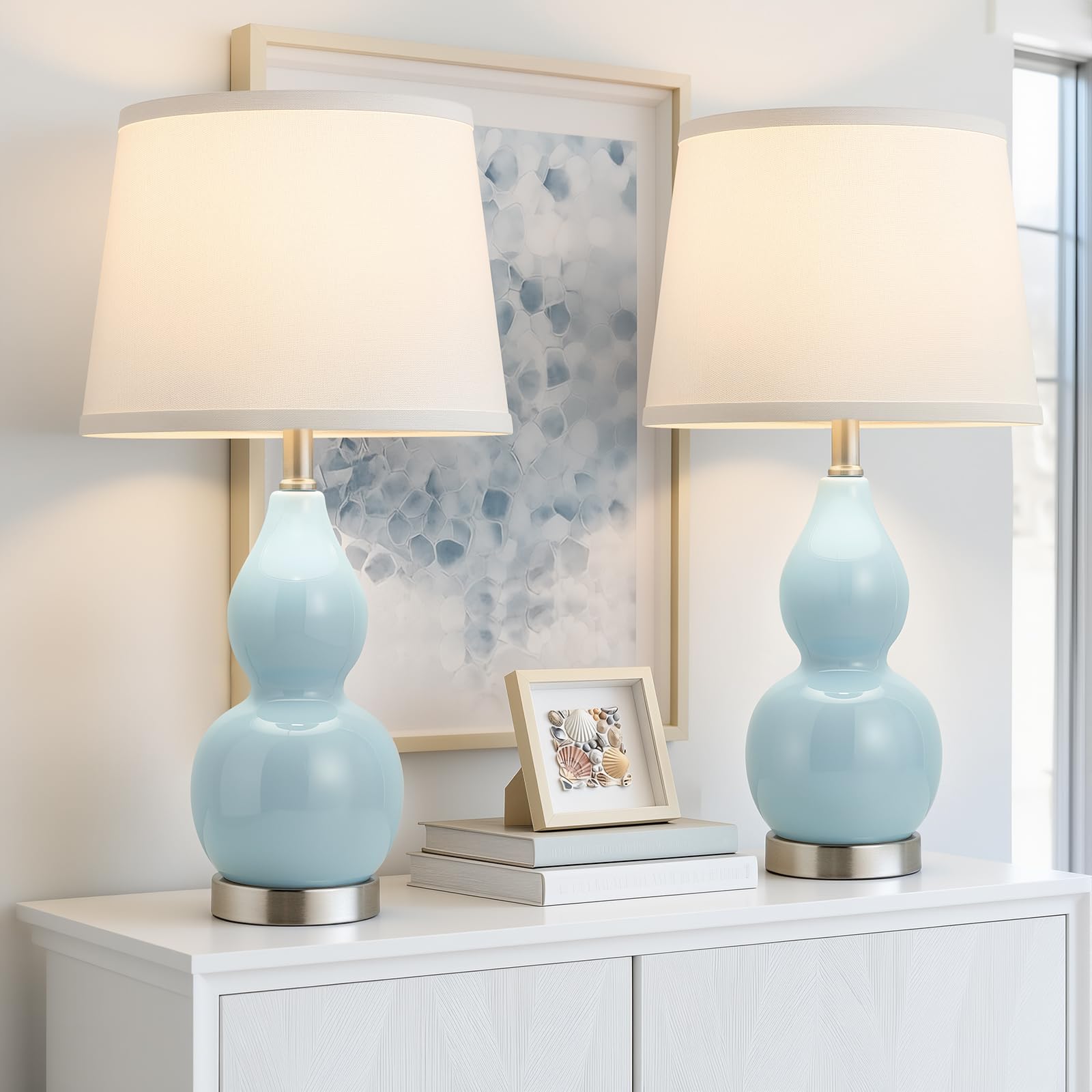 GyroVu 22 Table Lamp Set of 2  Color Temperature Adjustable Double Gourd Ceramic Lamps Classic Nightstand Table Lamps for Bedroom Beside Lamps for Living Room  Sky Blue-Bulbs Included