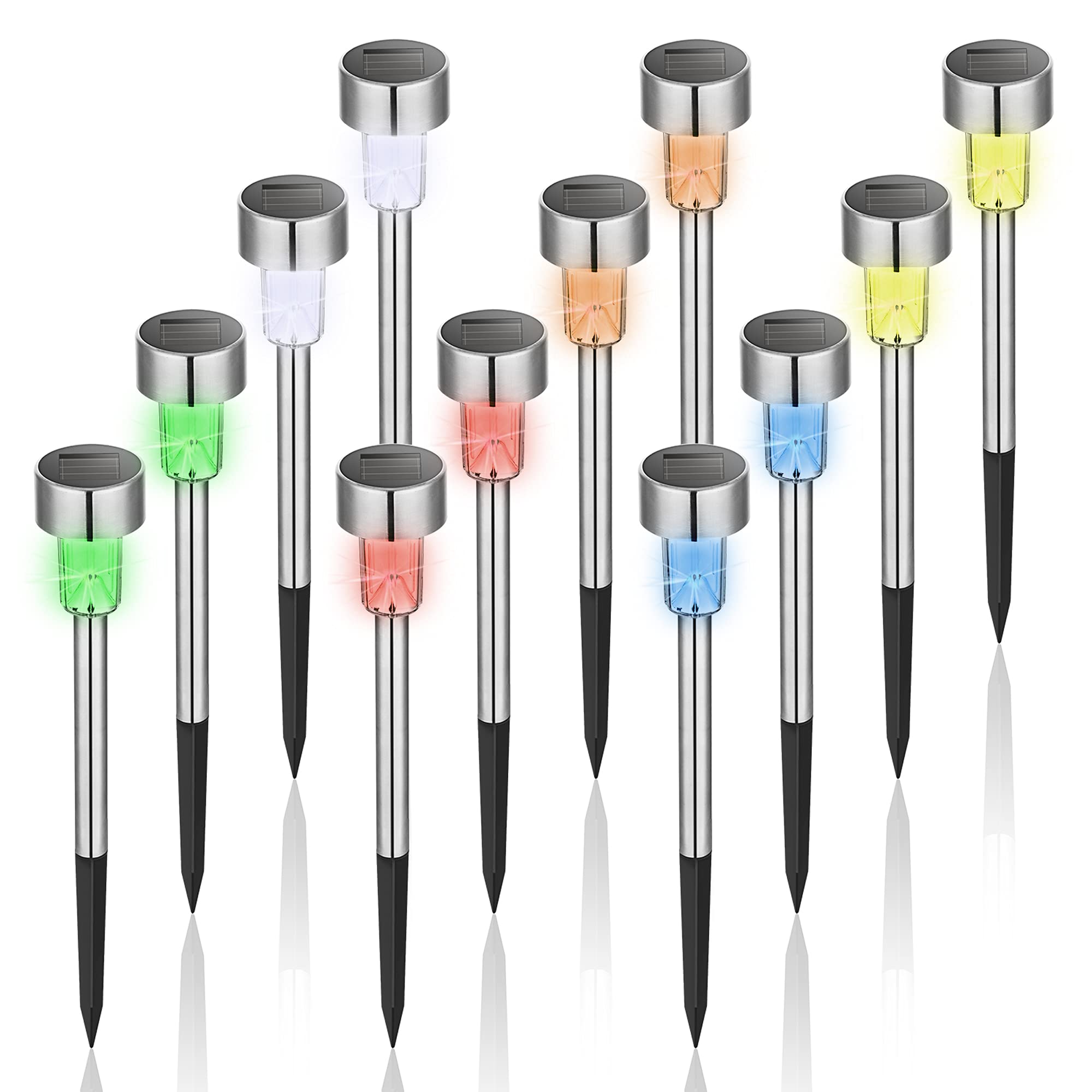 GIGALUMI Solar Garden Lights, Waterproof Stainless Steel, 12 Pack, Multicolor, Model 6843